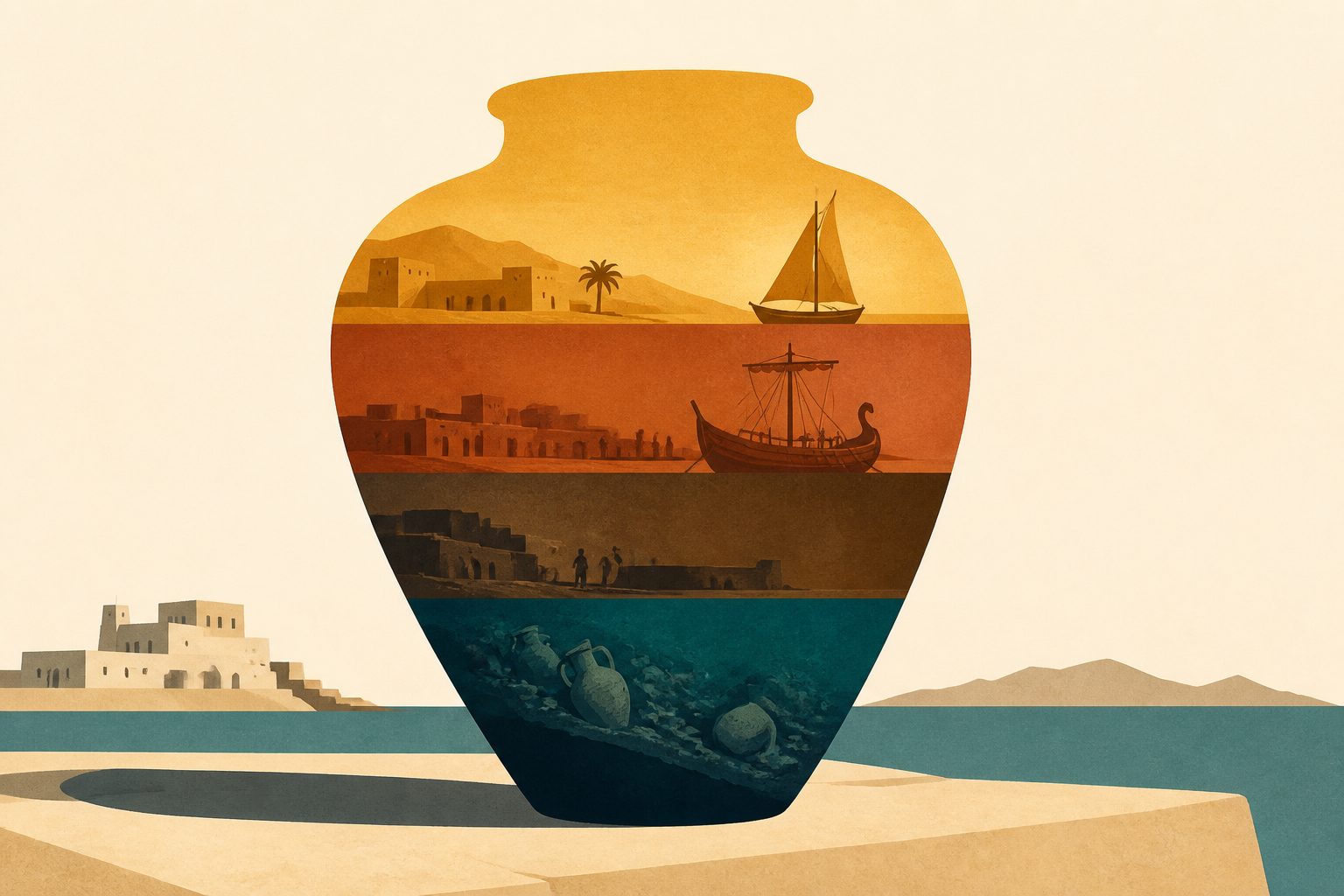 Abstract editorial illustration accompanying the article: A report catalogs centuries of life at Egypt’s Red Sea port