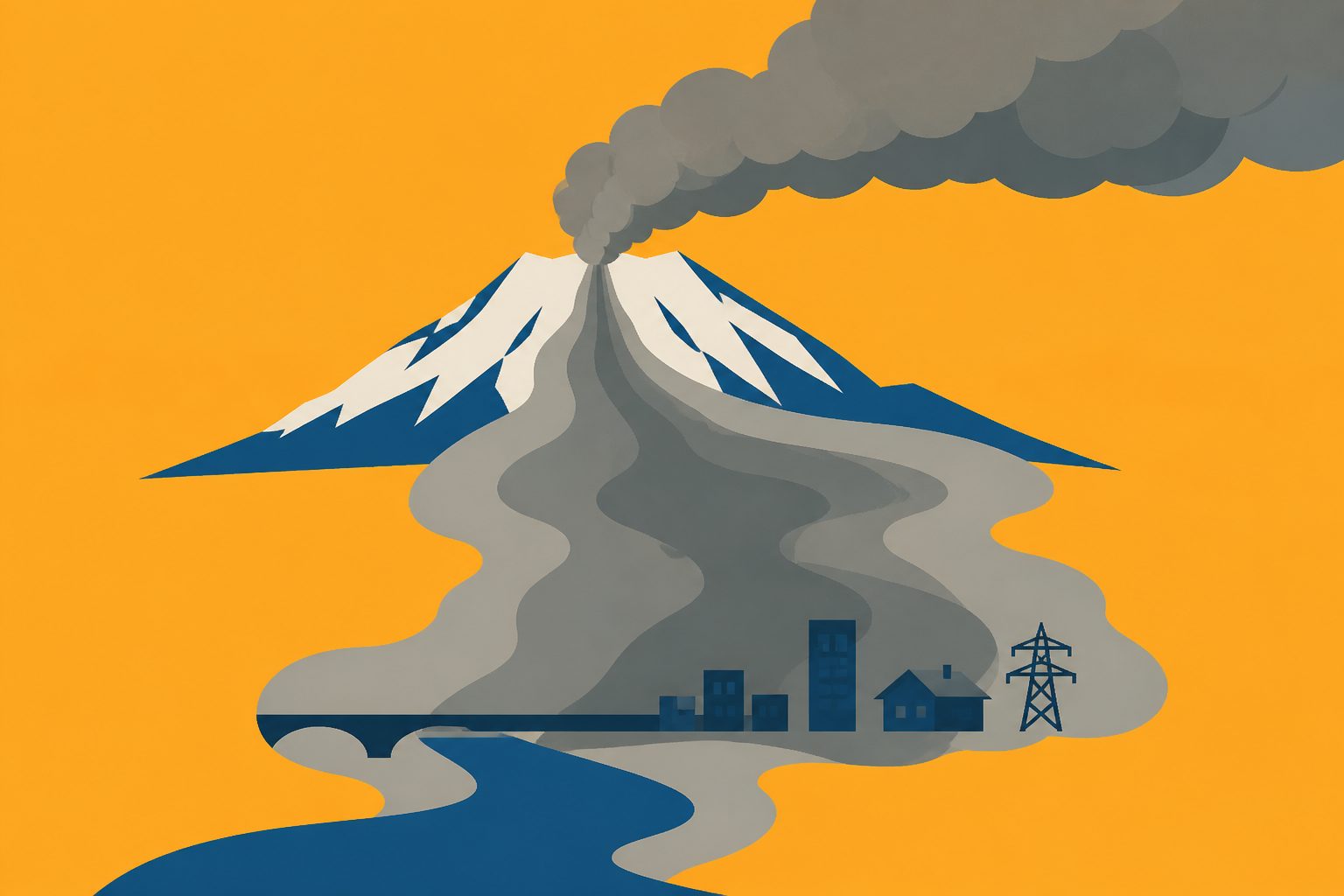 Abstract editorial illustration accompanying the article: New maps estimate where Mt. Garibaldi ash could damage infrastructure