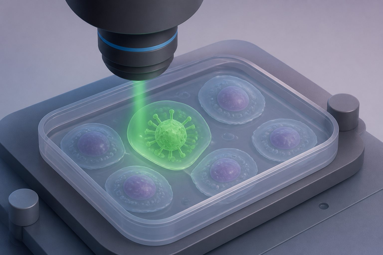 Abstract editorial illustration accompanying the article: Light-based scans tracked baculovirus infection in individual living cells