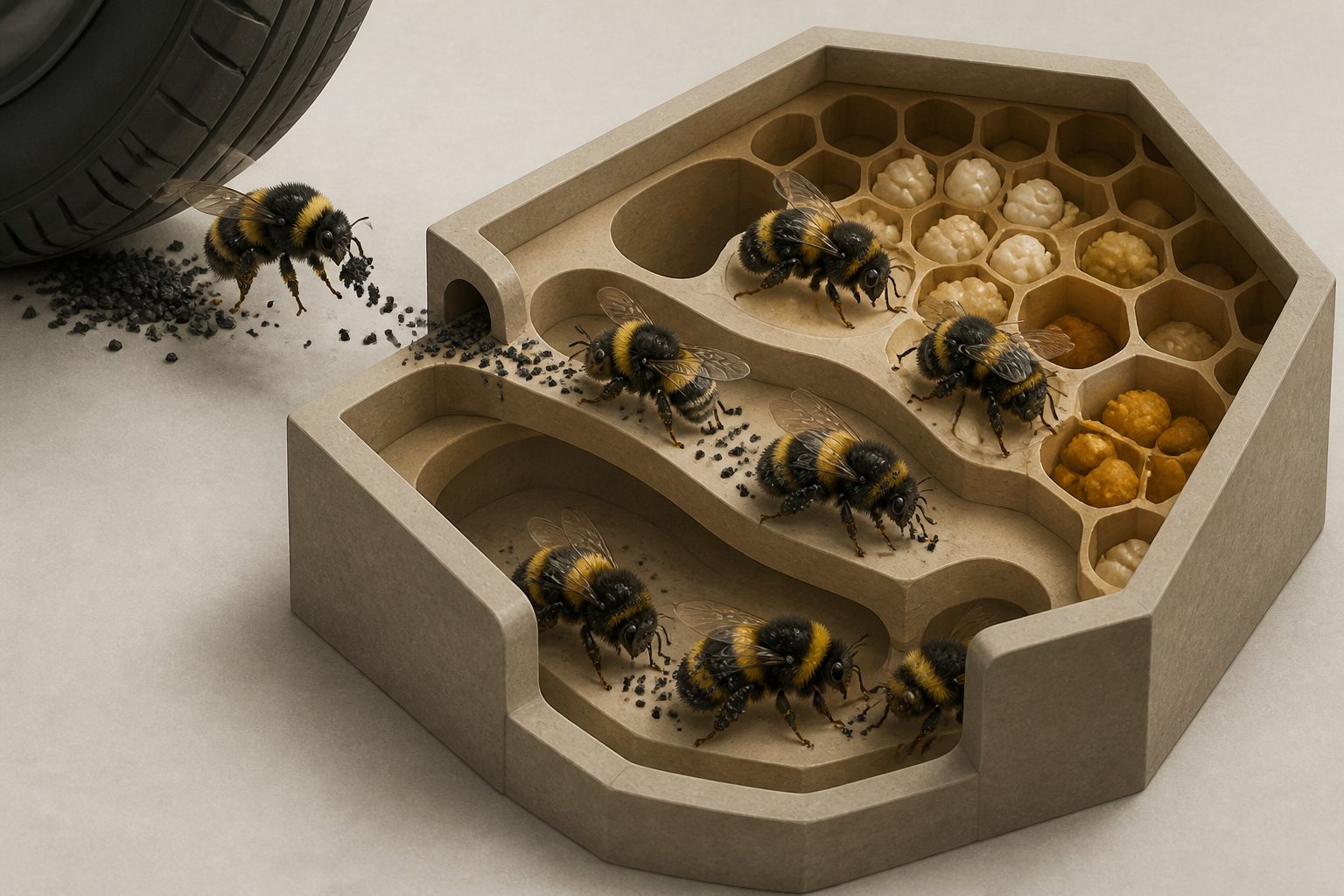 Abstract editorial illustration accompanying the article: Bumblebees spread tire-wear particles through colonies more than plastic ones