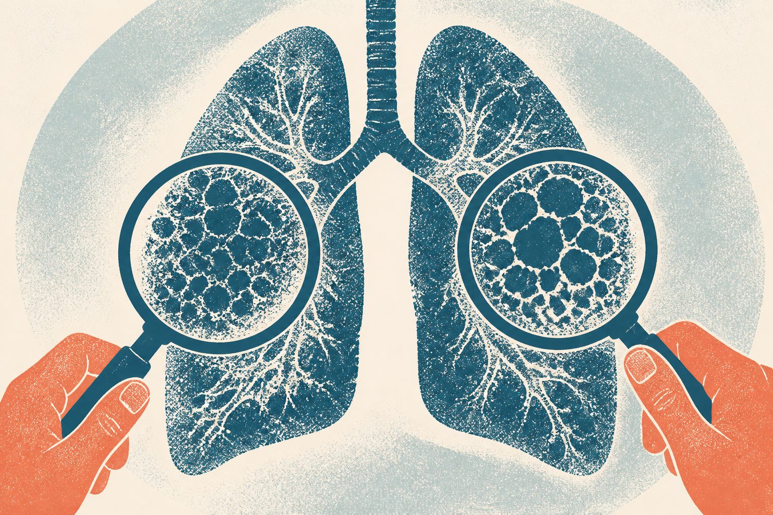 Abstract editorial illustration accompanying the article: Researchers compare CT methods for tracking lung disease and lung-function decline