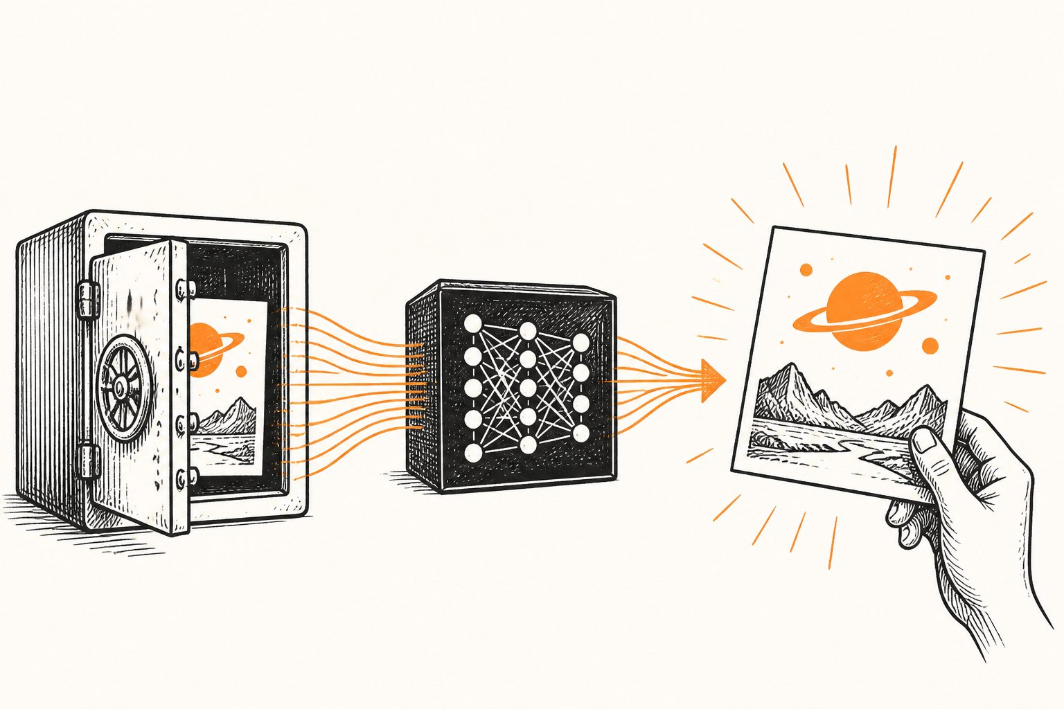 Abstract editorial illustration accompanying the article: AI classifiers can help recreate private training images