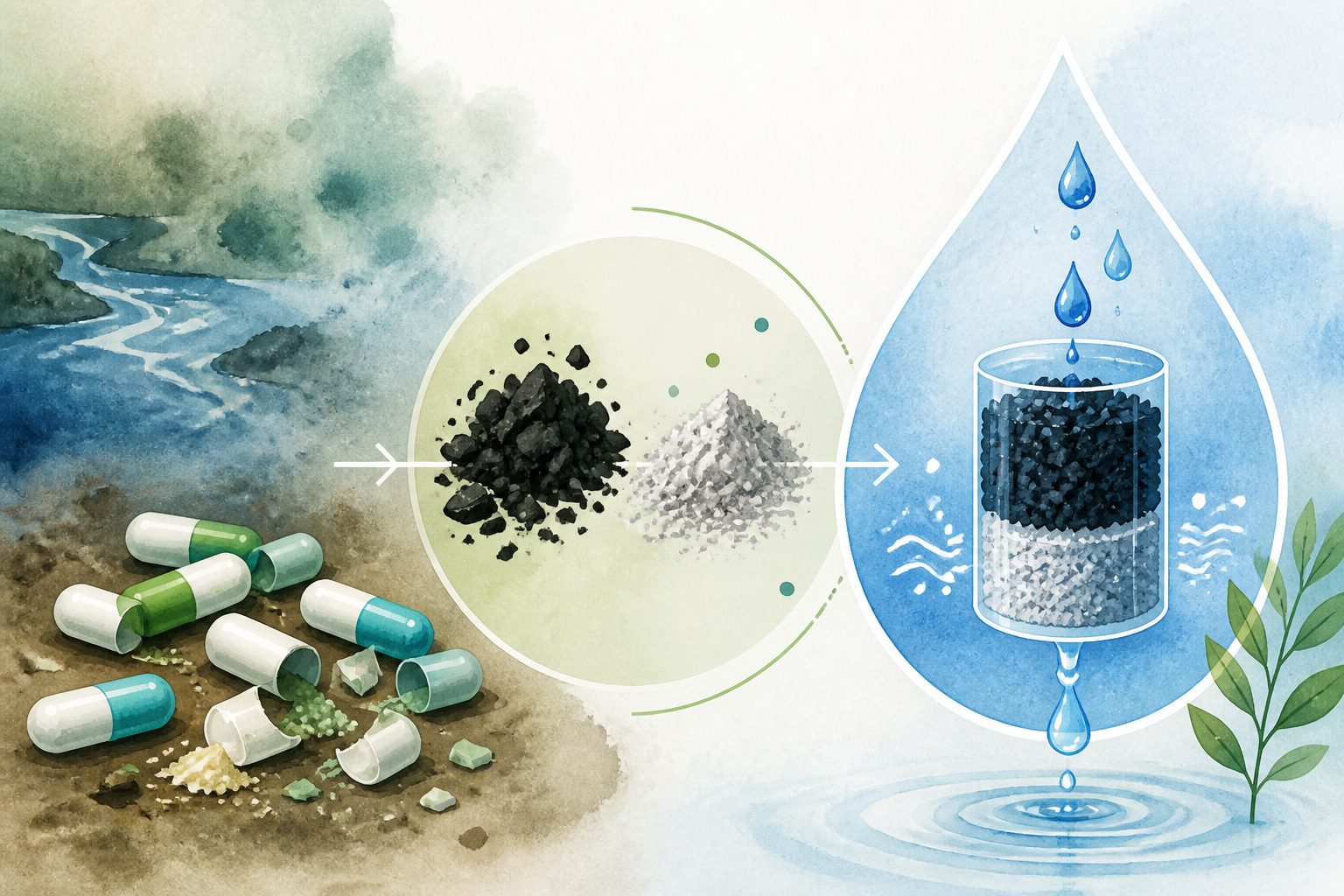 Abstract editorial illustration accompanying the article: Discarded drug capsules become water-cleaning carbon and mineral ash