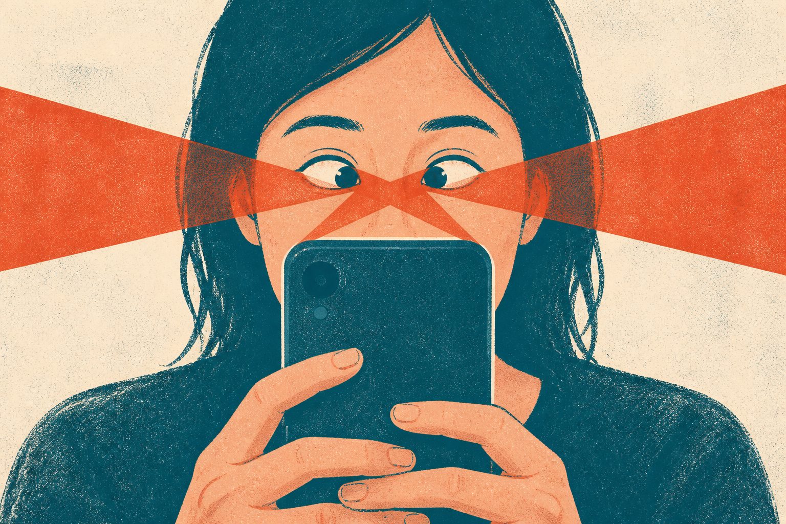 Abstract editorial illustration accompanying the article: Prolonged smartphone use may contribute to sudden eye crossing, but cause remains unproven