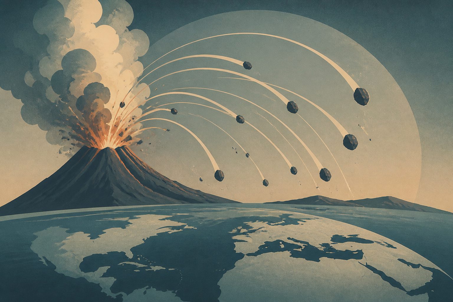 Abstract editorial illustration accompanying the article: New maps show where rocks from Stromboli explosions could land