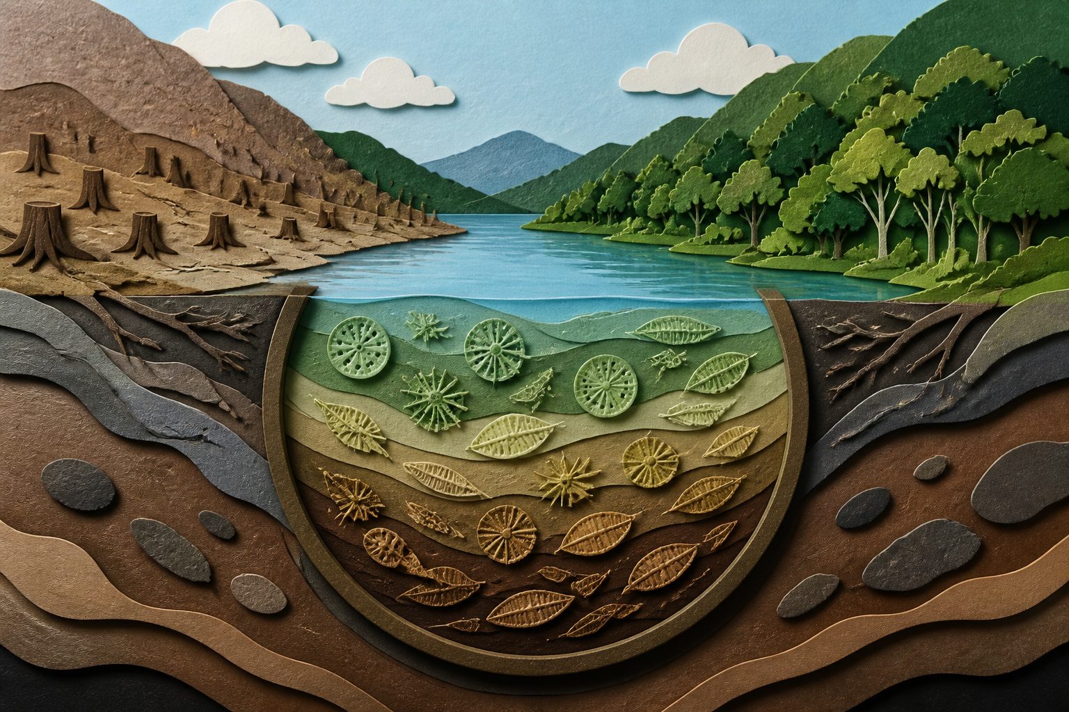 Abstract editorial illustration accompanying the article: Sediments show a Mexican lake recovering after decades of deforestation