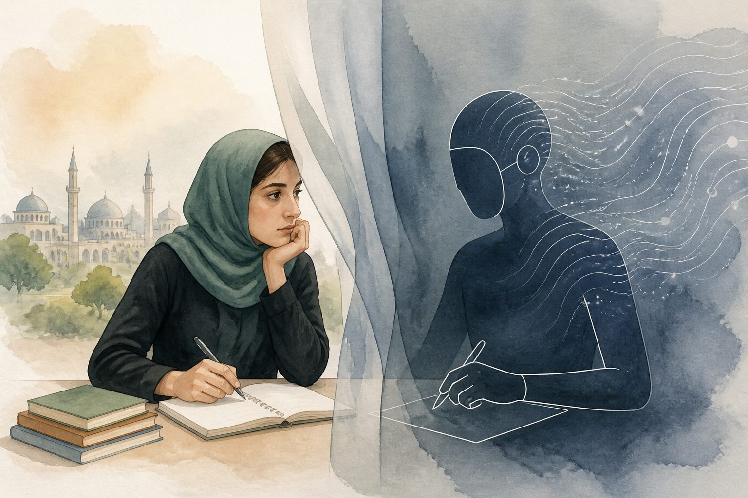 Abstract editorial illustration accompanying the article: Opaque AI rules leave Iranian students torn over their writing