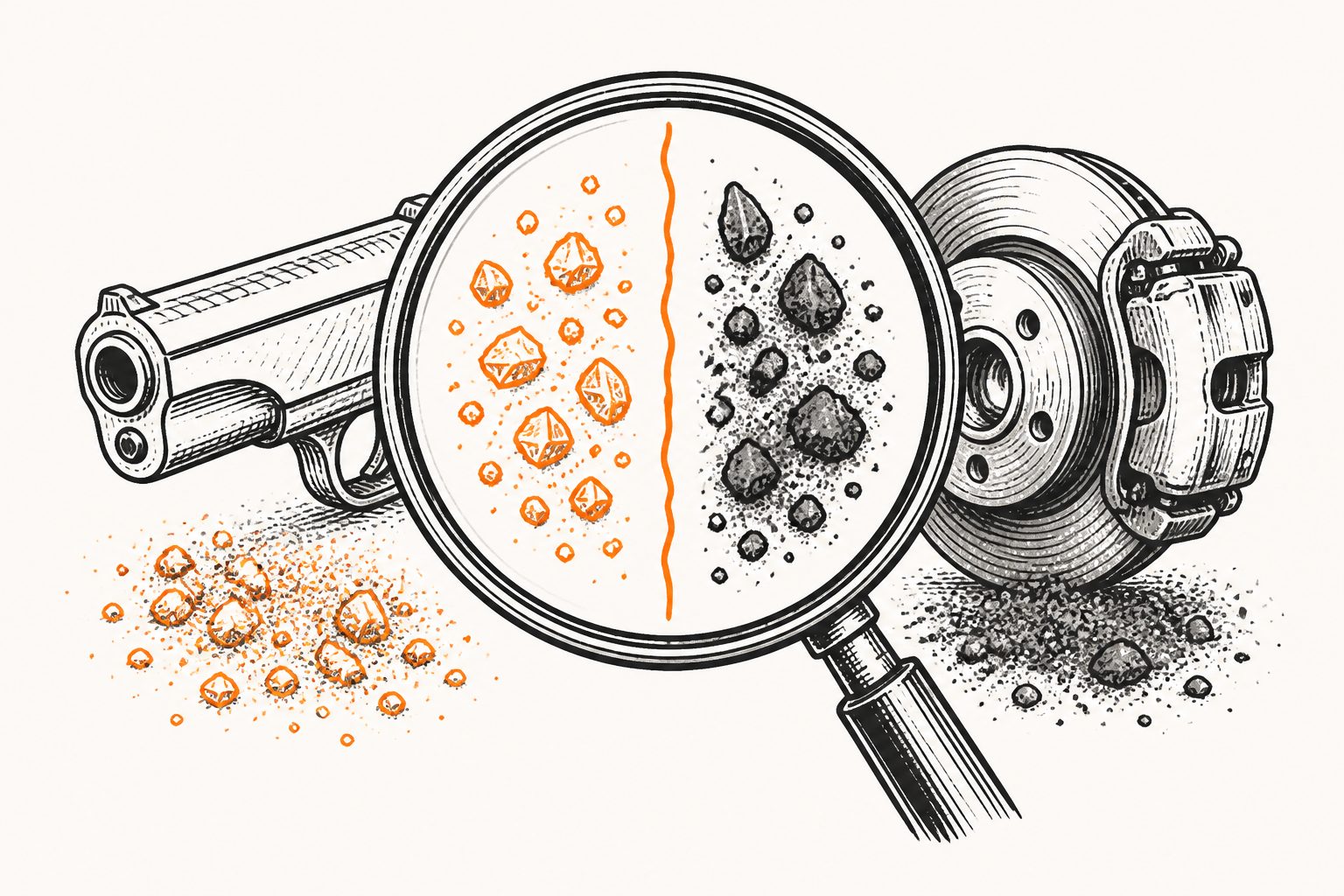 Abstract editorial illustration accompanying the article: Gunshot residue and brake dust show different chemical fingerprints