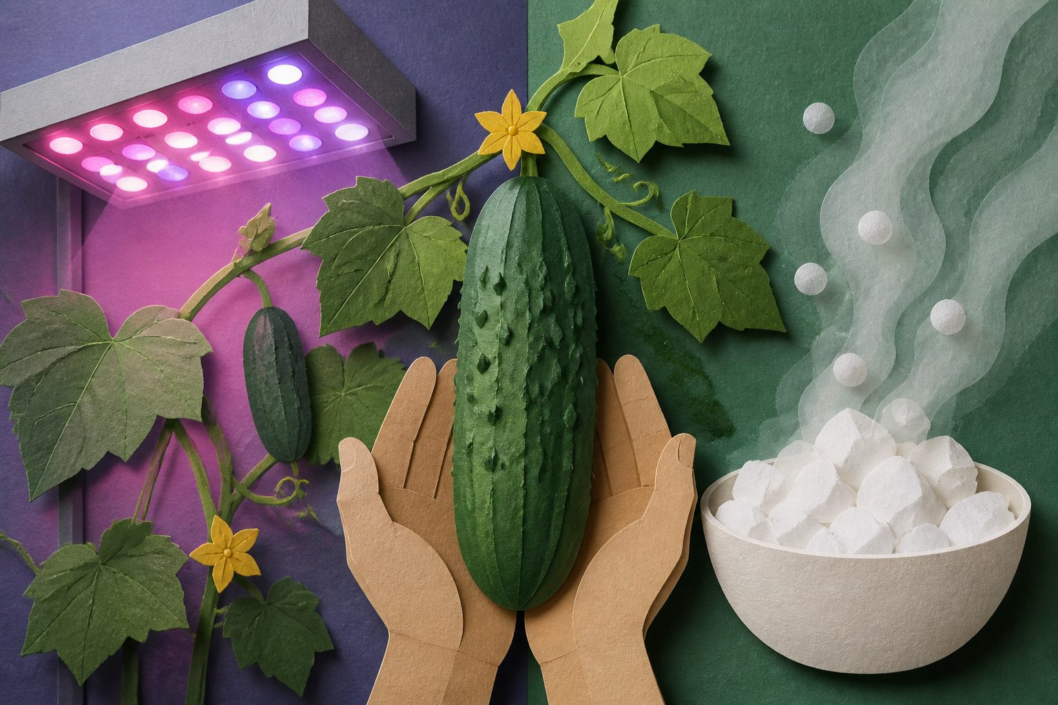 Abstract editorial illustration accompanying the article: LED lights and solid carbon dioxide raised winter cucumber income by 21%