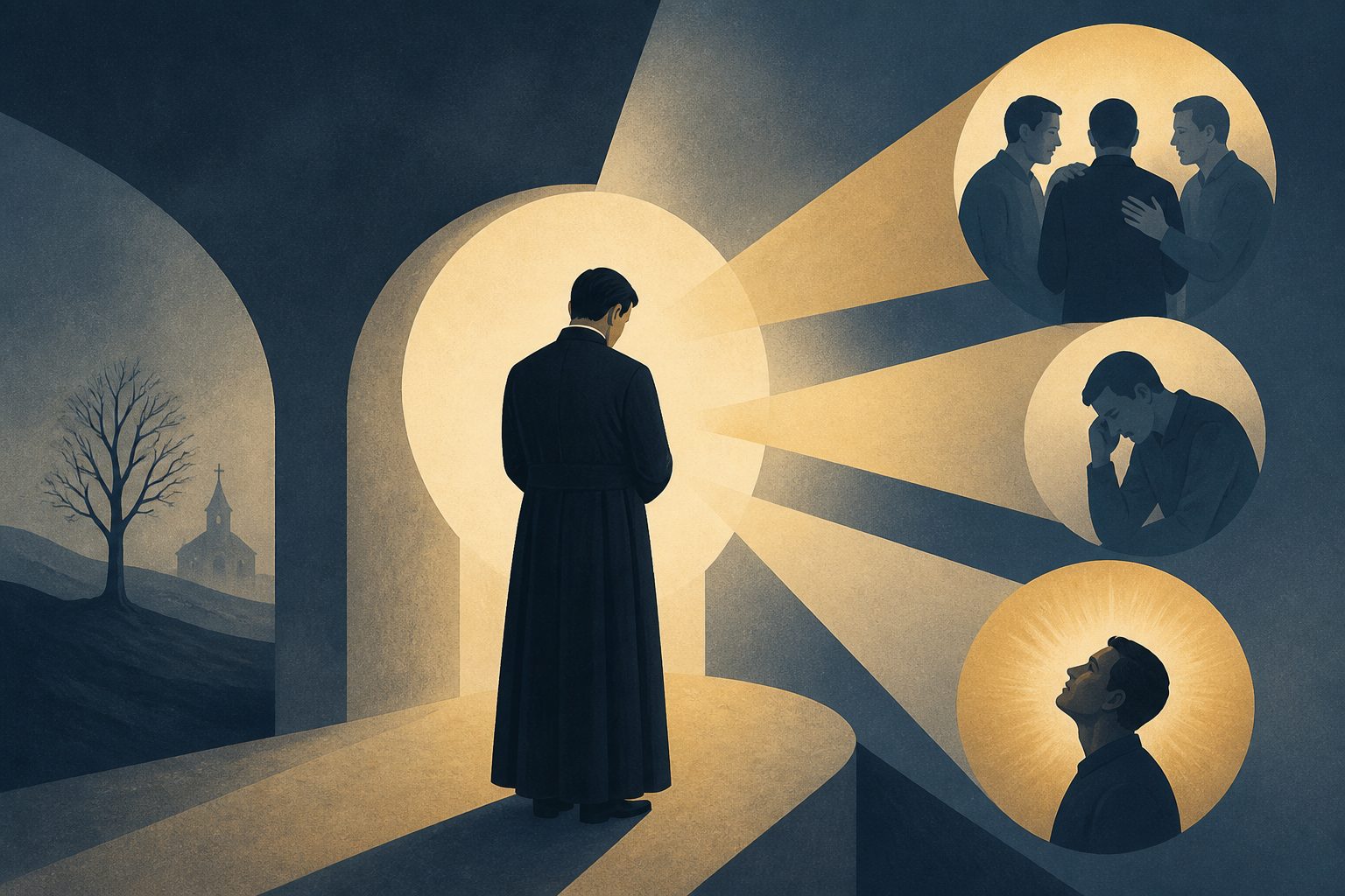 Abstract editorial illustration accompanying the article: For U.S. Catholic priests, loneliness was tied to support, strain and faith