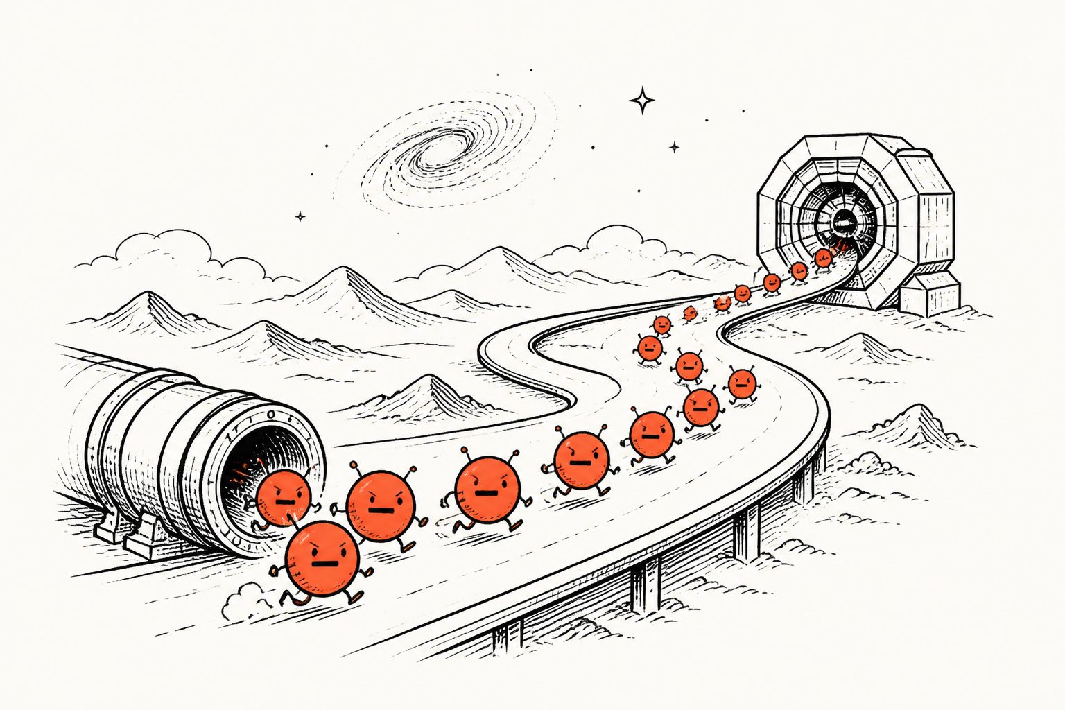 Abstract editorial illustration accompanying the article: Ninety-two antiprotons make a 7.5-kilometre road trip