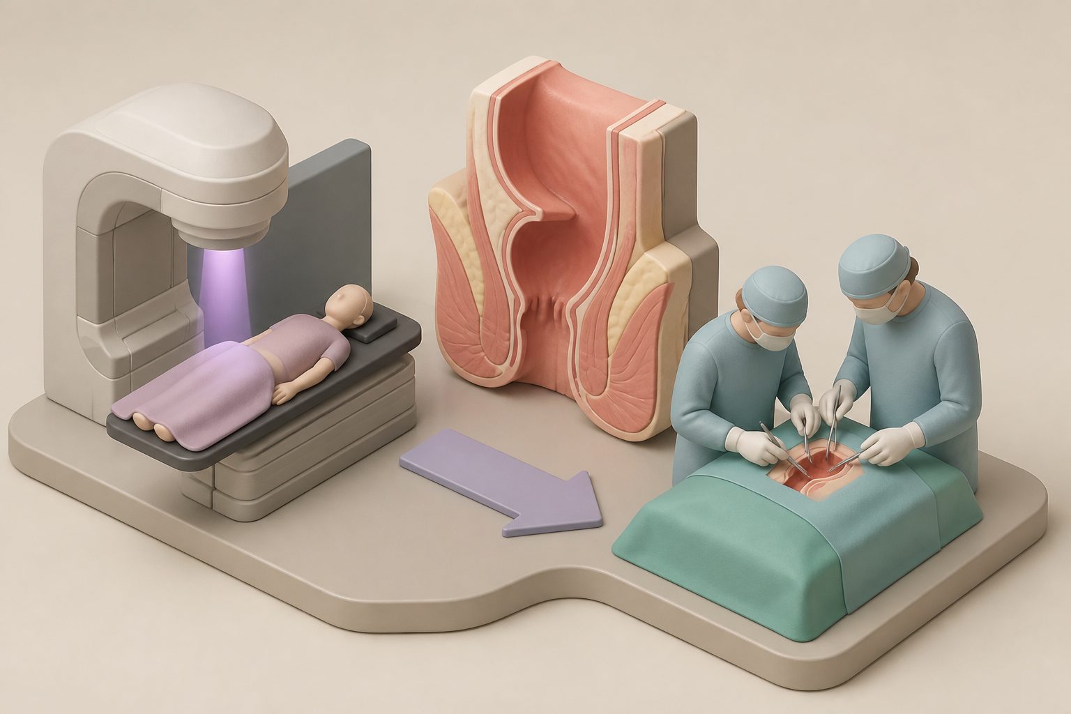 Abstract editorial illustration accompanying the article: Trial reports outcomes after local rectal surgery following chemoradiotherapy