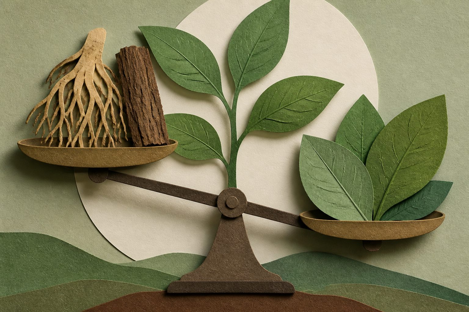 Abstract editorial illustration accompanying the article: Could leaves replace roots and bark in some medicinal plants?