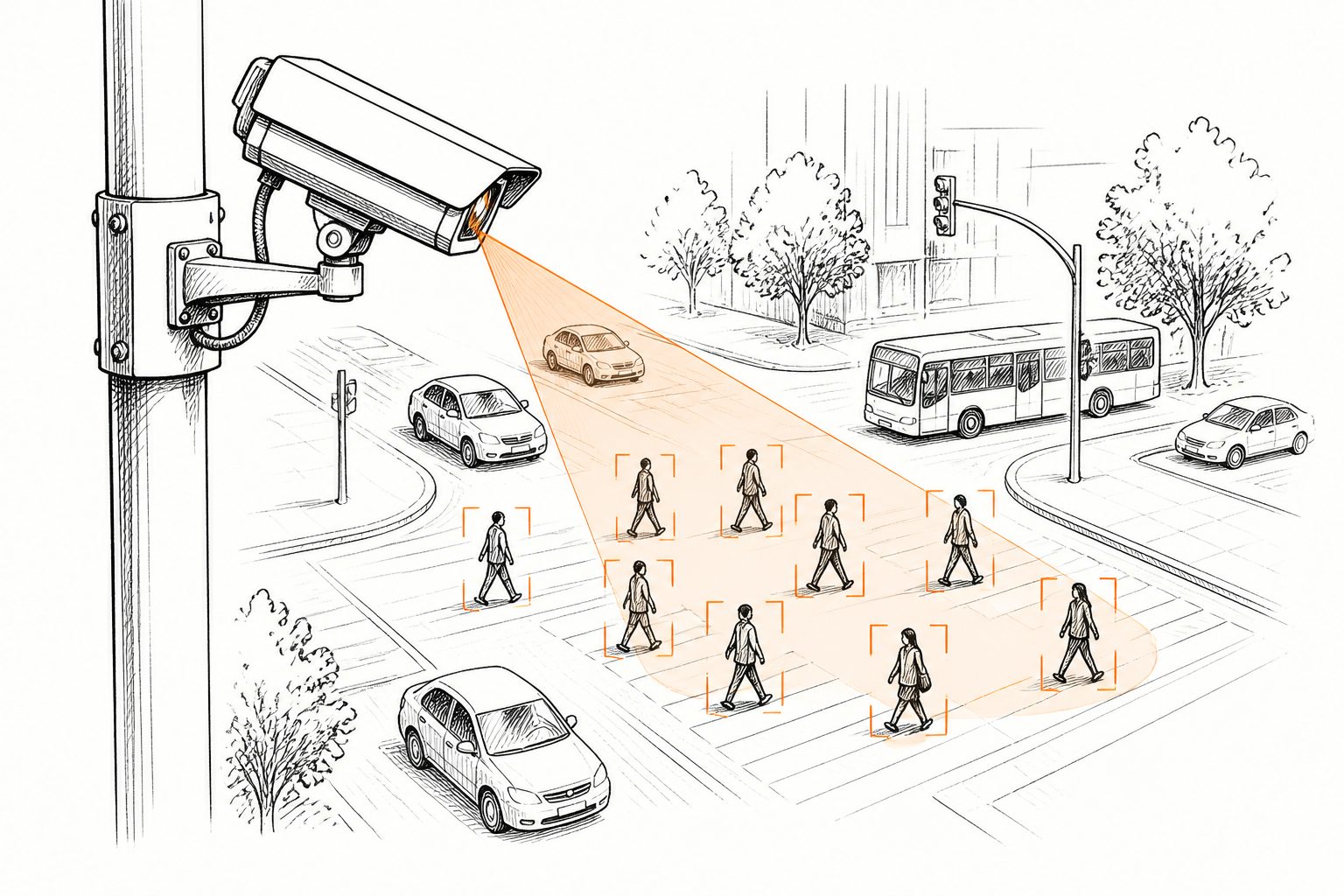 Abstract editorial illustration accompanying the article: High-mounted cameras spot pedestrians on the device at busy intersections