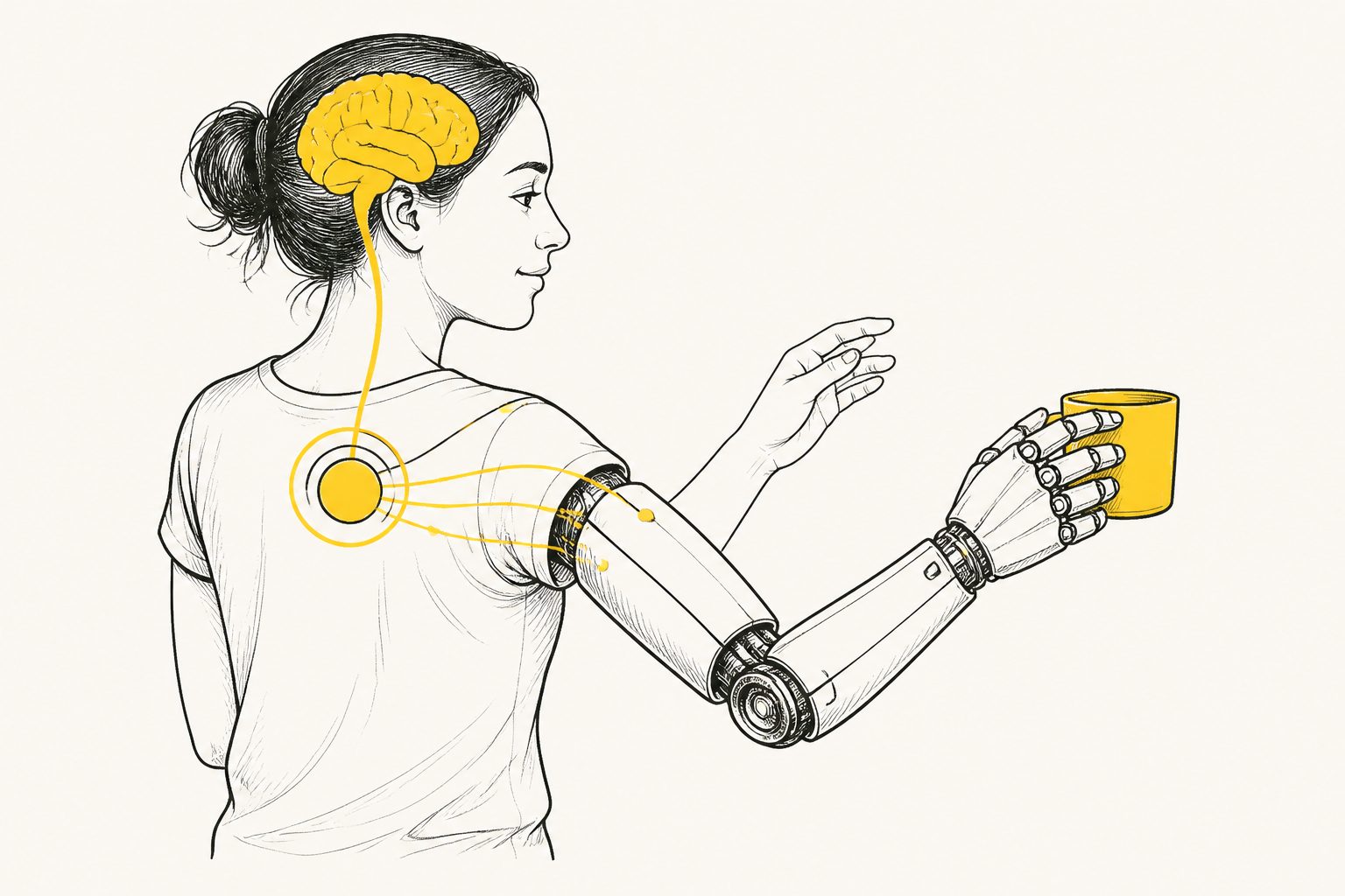 Abstract editorial illustration accompanying the article: A control system could help people coordinate extra robotic limbs