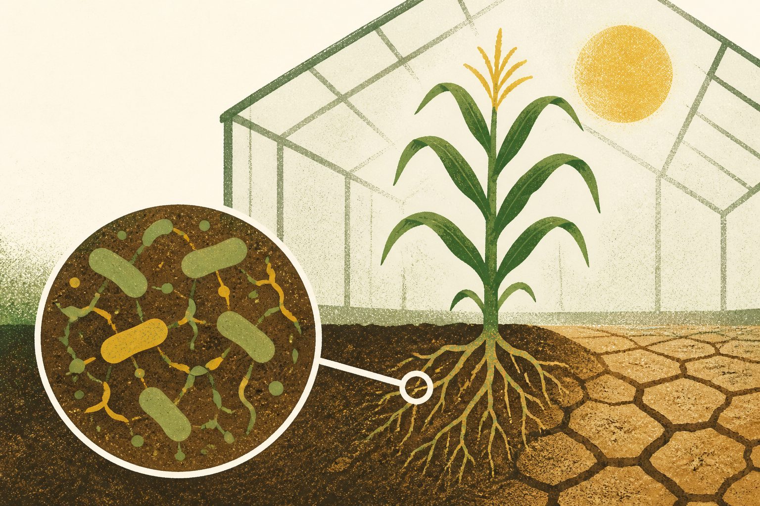 Abstract editorial illustration accompanying the article: Some soil bacteria helped maize grow under greenhouse drought