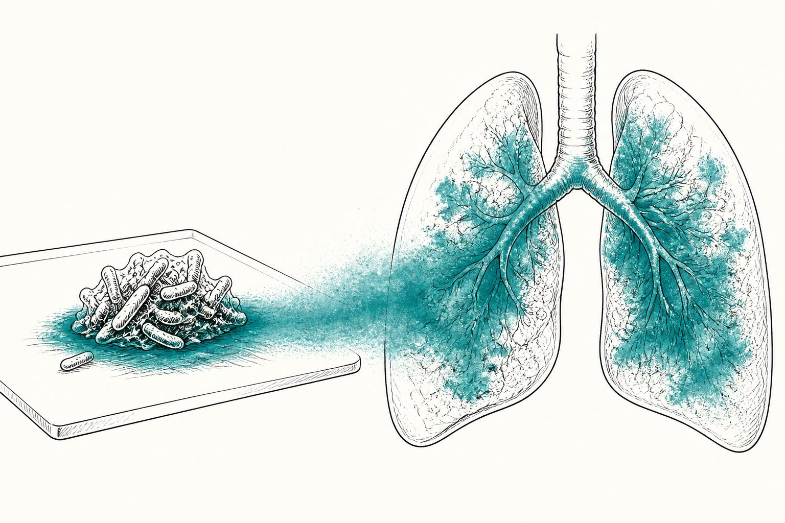 Abstract editorial illustration accompanying the article: Pseudomonas biofilms spread more pyocyanin in lung tissue than on lab material