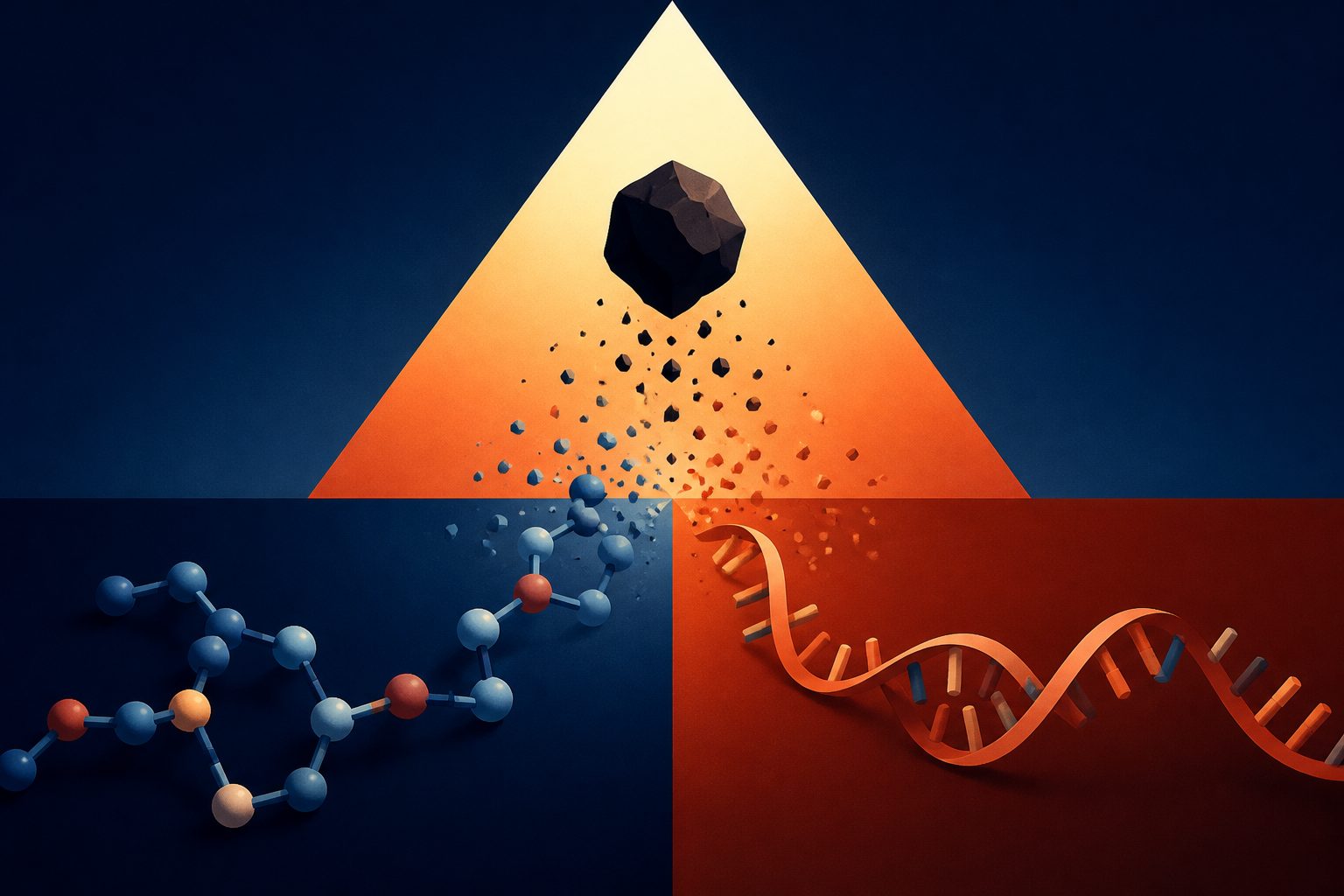 Abstract editorial illustration accompanying the article: A shared chemical reaction helped form both peptides and RNA-like chains