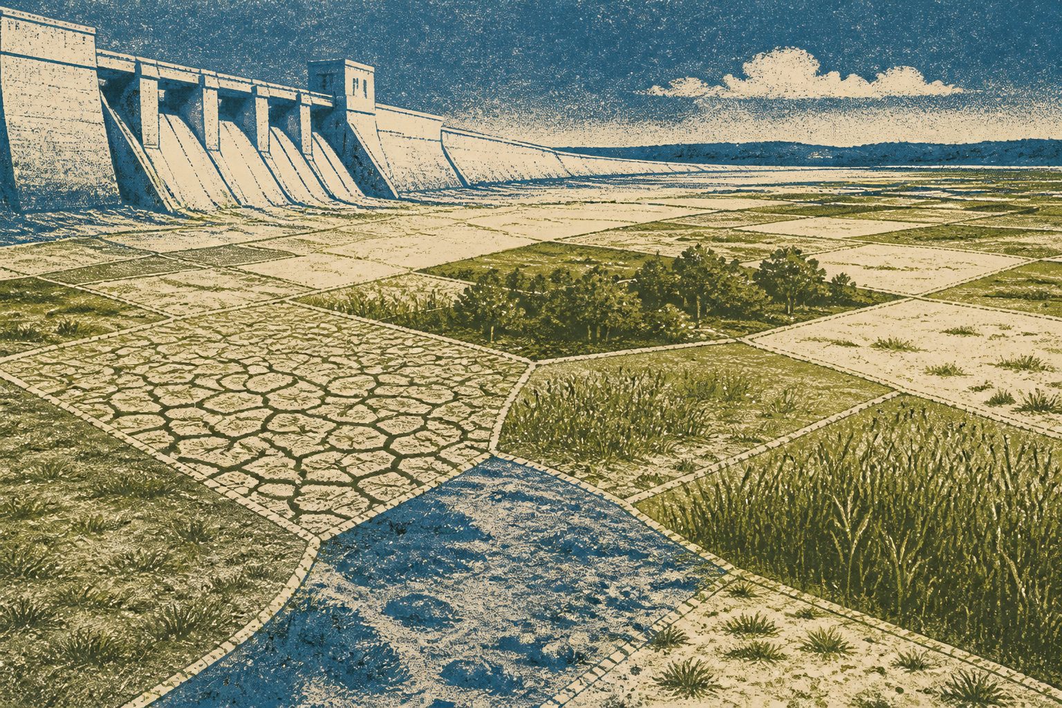 Abstract editorial illustration accompanying the article: Kakhovka’s drained reservoir bed is turning into a patchwork of new landscapes