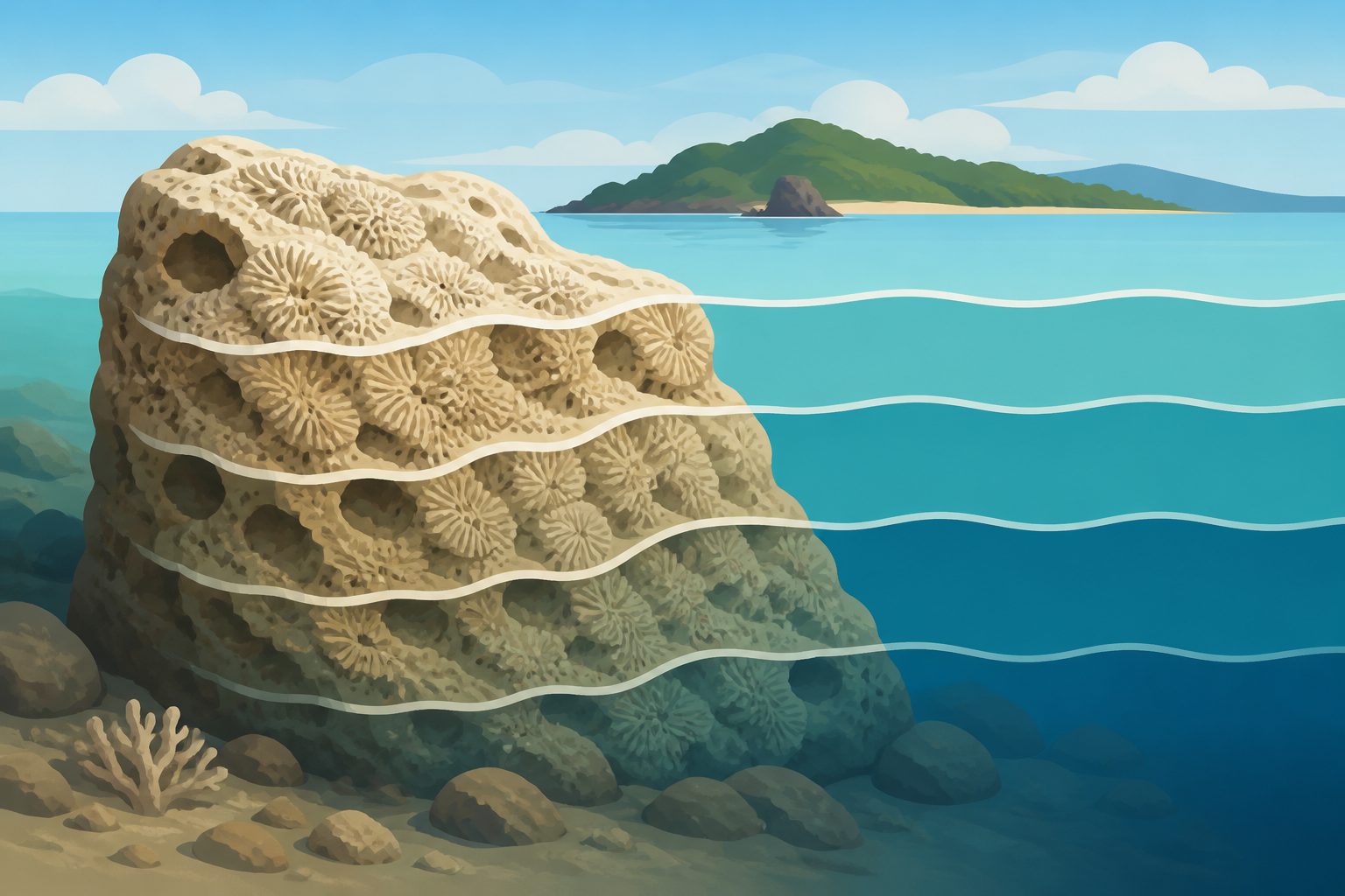 Abstract editorial illustration accompanying the article: Fossil corals record at least four sea-level cycles around Okinawa