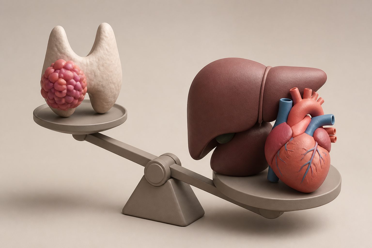 Abstract editorial illustration accompanying the article: Study links rare hormone-producing tumors with higher liver and heart risks