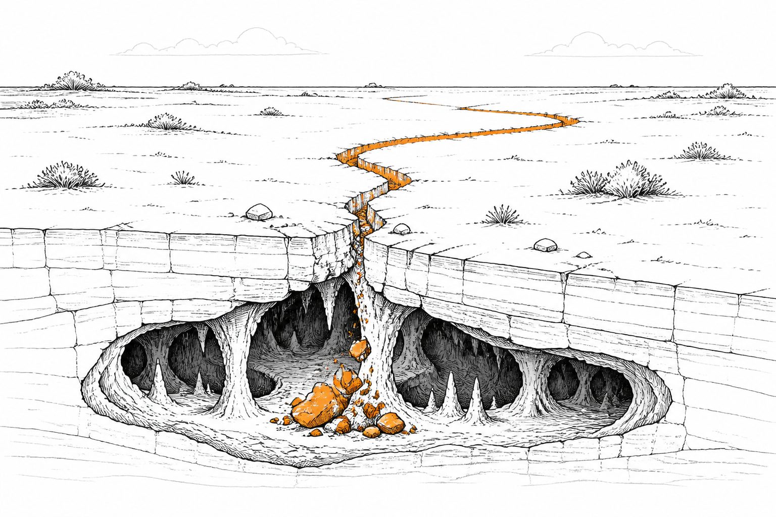 Abstract editorial illustration accompanying the article: Subtle trenches on Australia’s Nullarbor Plain trace collapse above deep caves