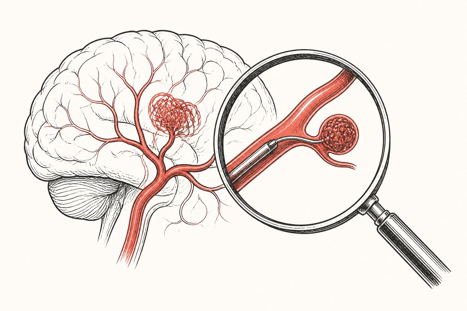 Abstract editorial illustration accompanying the article: Review examines a blood-vessel procedure for chronic brain bleeding