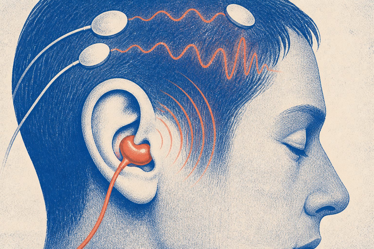 Abstract editorial illustration accompanying the article: An in-ear sensor recorded brain signals like nearby scalp electrodes