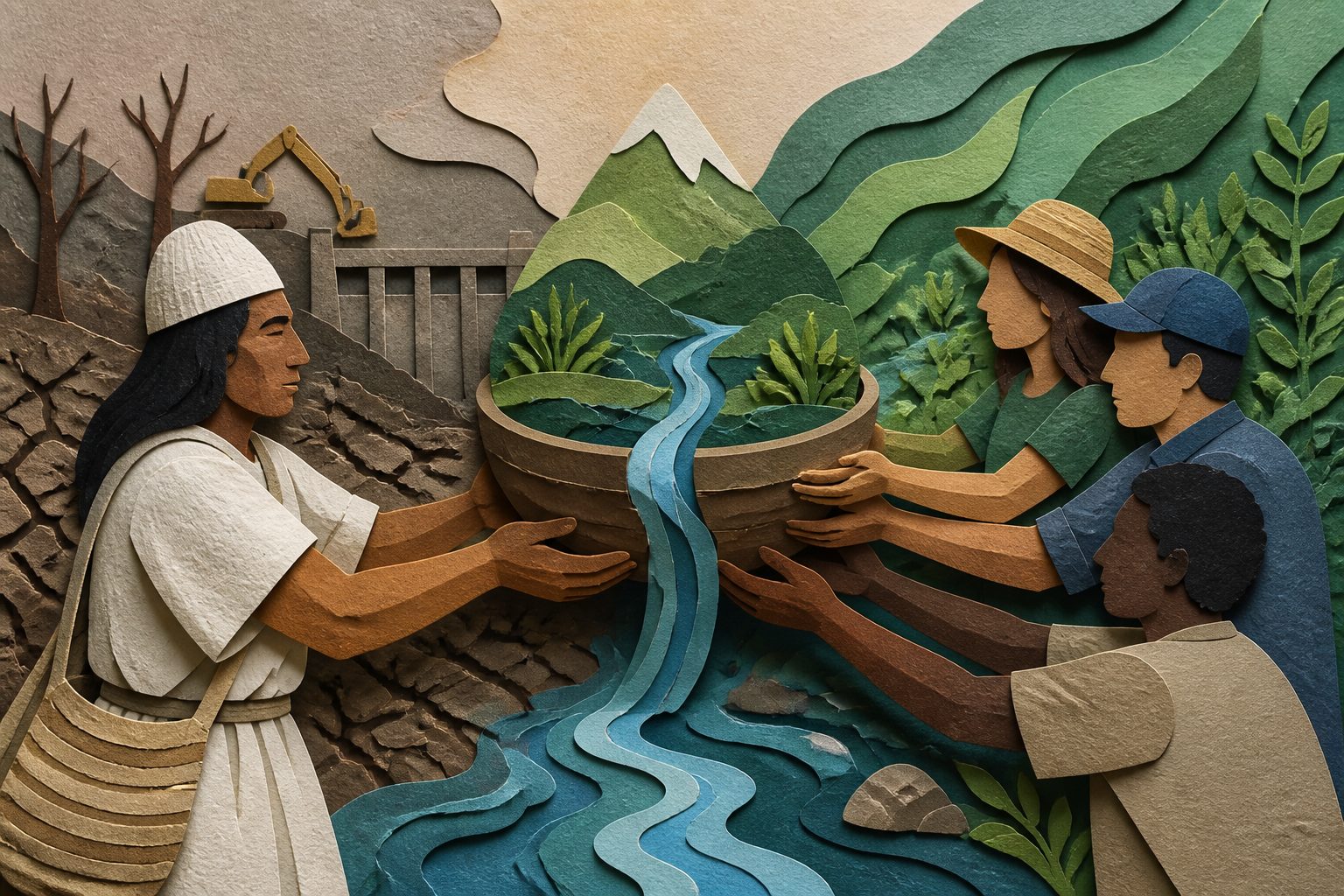 Abstract editorial illustration accompanying the article: Arhuaco water knowledge slows damage, but shared governance is needed