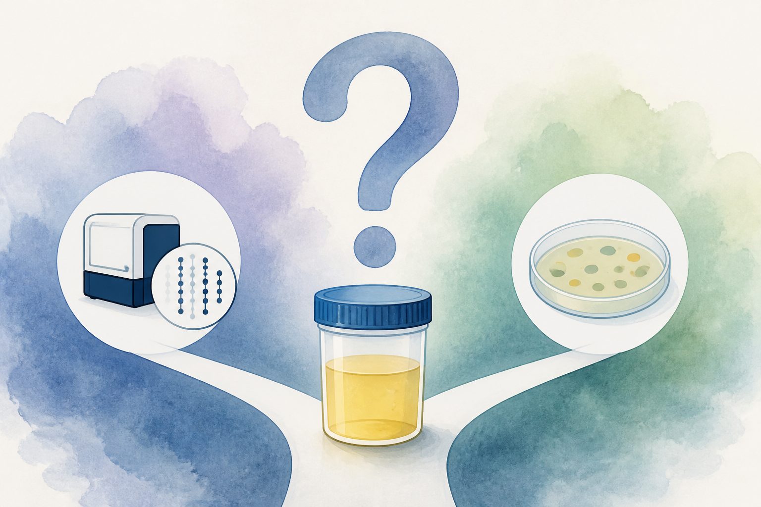 Abstract editorial illustration accompanying the article: Review finds uncertainty about molecular testing for urinary infections