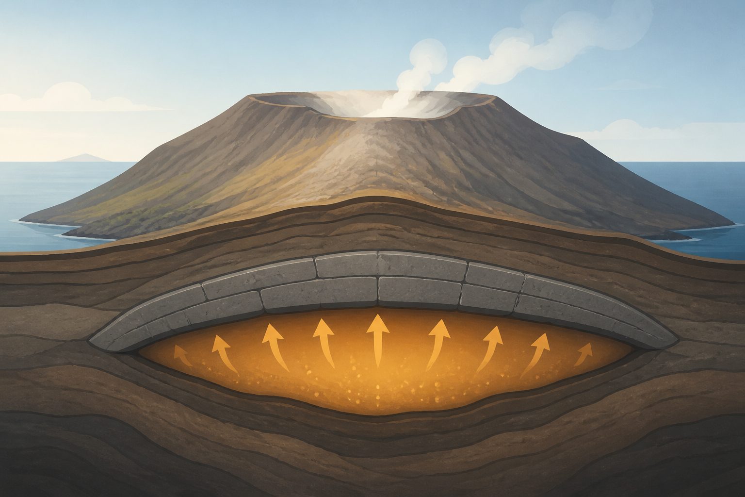 Abstract editorial illustration accompanying the article: At Vulcano, sealed rock may let underground pressure build without new magma