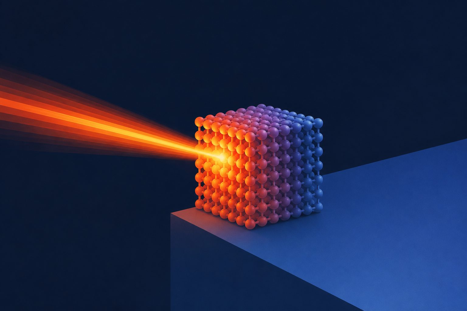 Abstract editorial illustration accompanying the article: Microsecond heat pulses reveal how tiny materials store heat