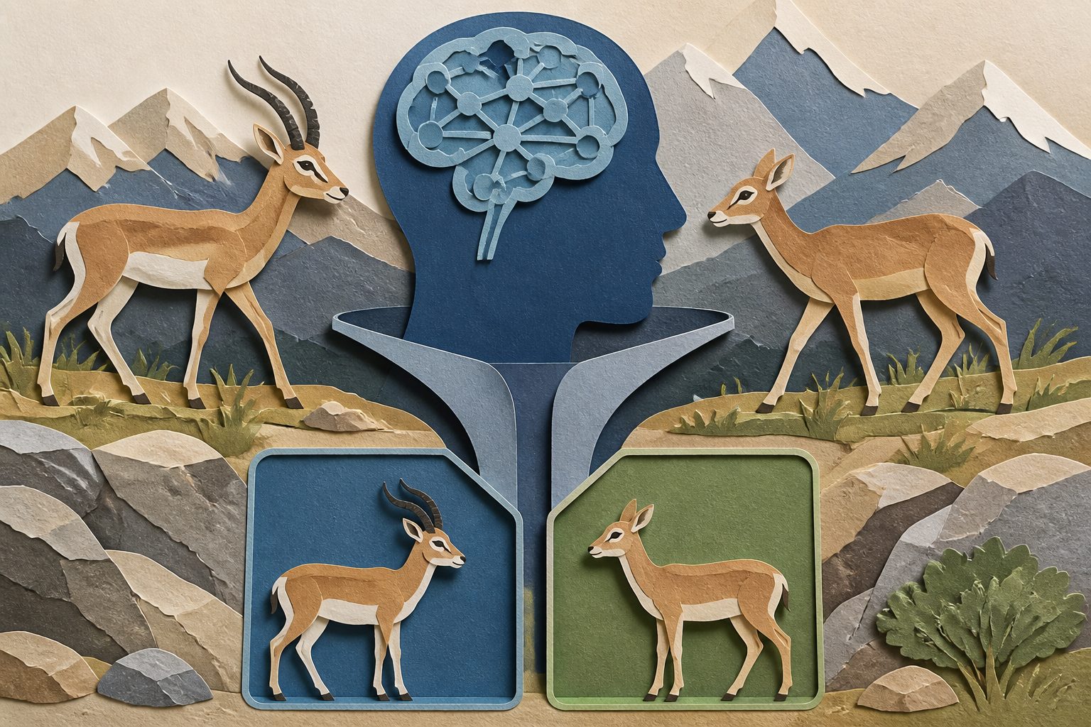 Abstract editorial illustration accompanying the article: AI sorts wild mountain gazelles by sex using body shape and horns