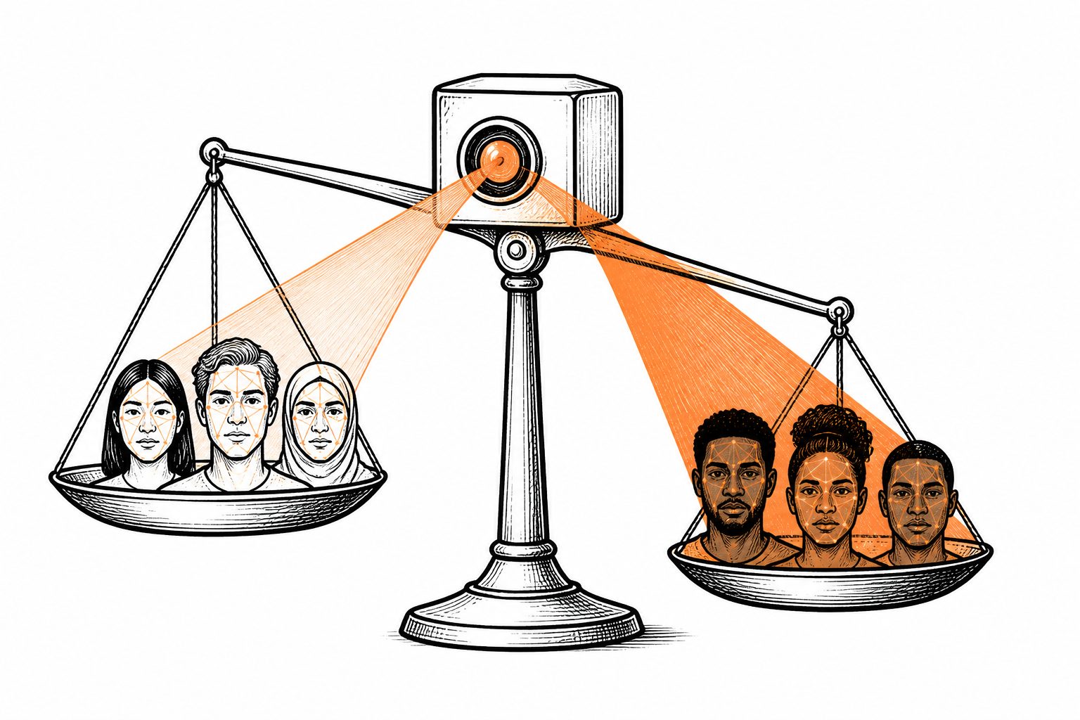 Abstract editorial illustration accompanying the article: Face-recognition AI can score well overall while treating groups unevenly