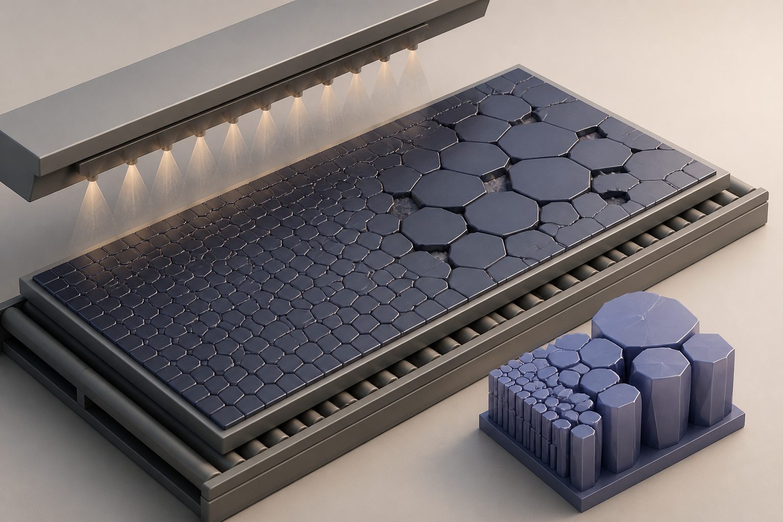 Abstract editorial illustration accompanying the article: Perovskite solar panels face a crystal-growth challenge at large scale