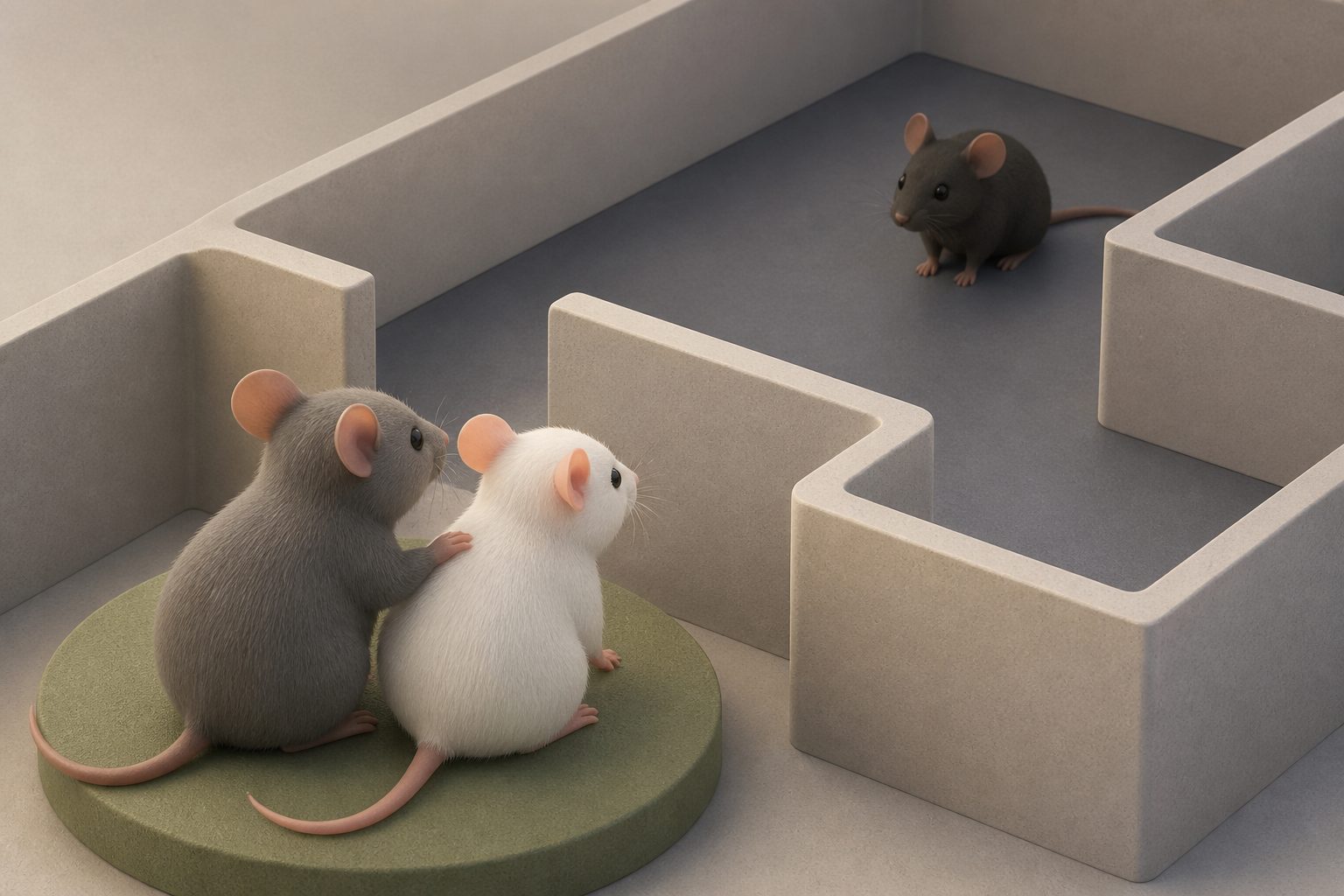 Abstract editorial illustration accompanying the article: For mice, a familiar companion’s touch mattered in easing social fear