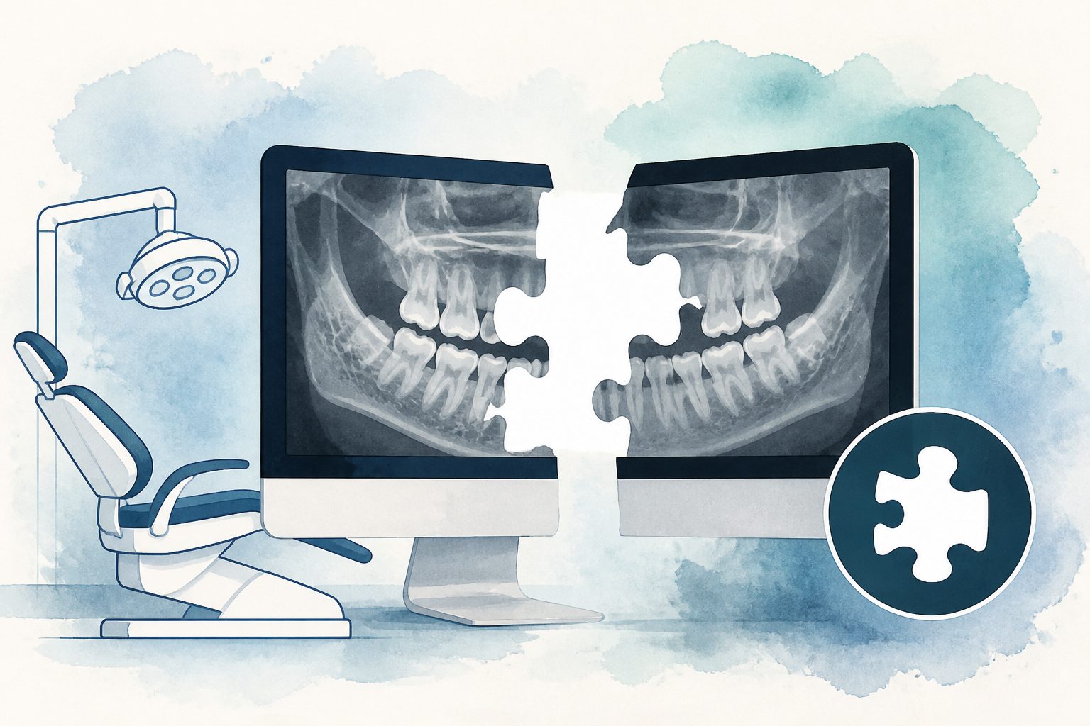 Abstract editorial illustration accompanying the article: Study finds major gaps in electronic dental record systems