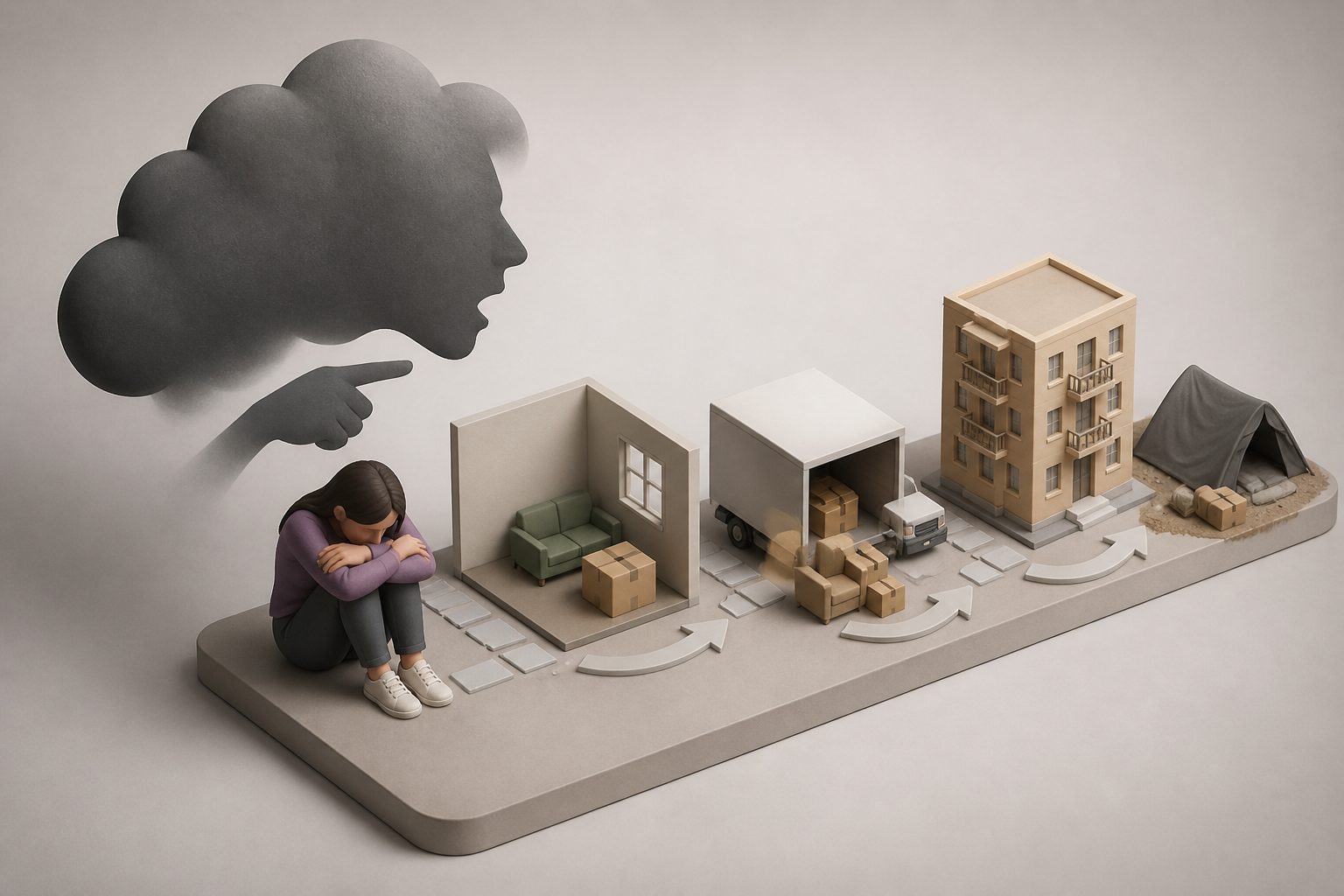 Abstract editorial illustration accompanying the article: Emotional abuse linked to rent problems, frequent moves and homelessness