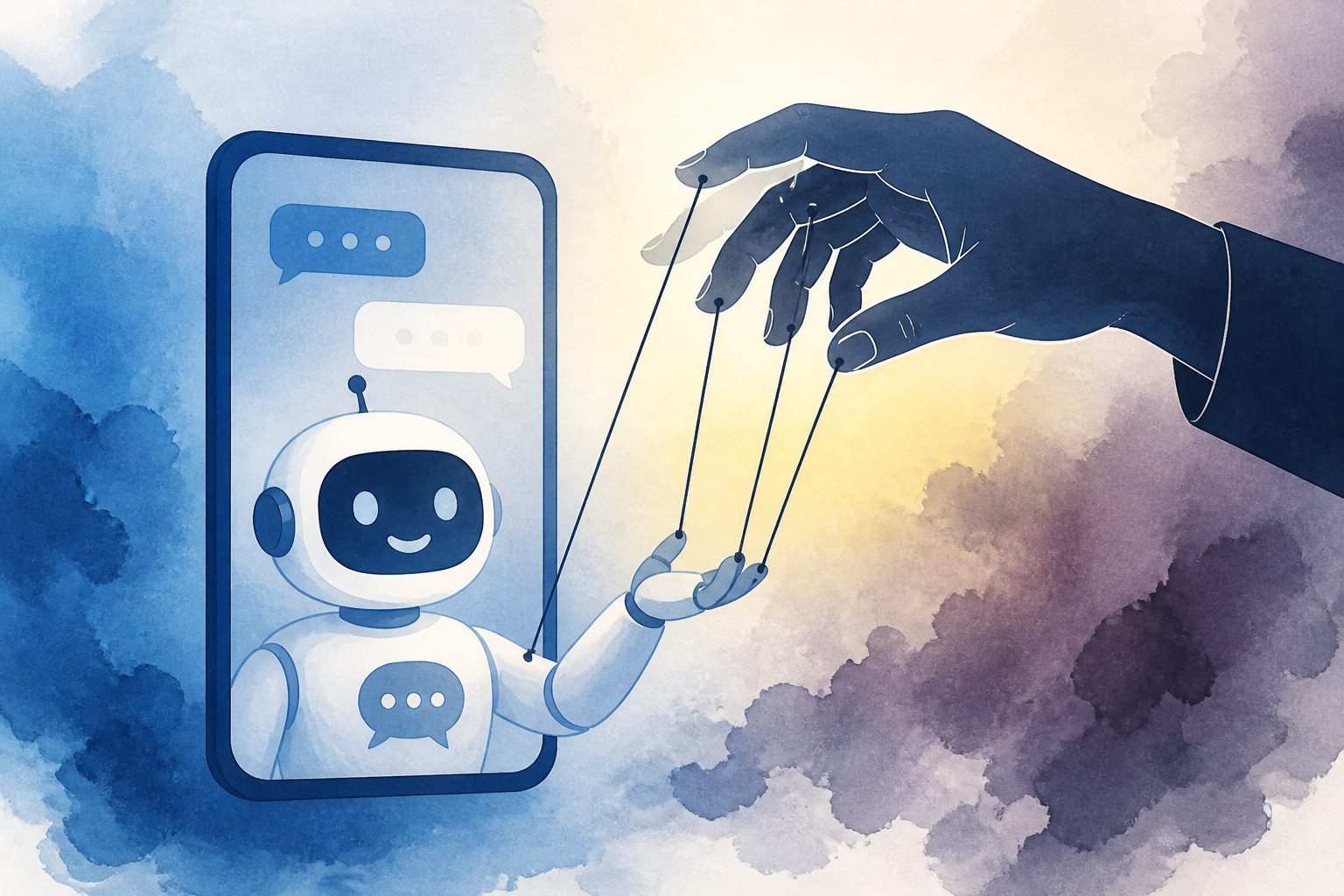 Abstract editorial illustration accompanying the article: Feeling empowered by AI chatbots was linked to stronger misuse intentions