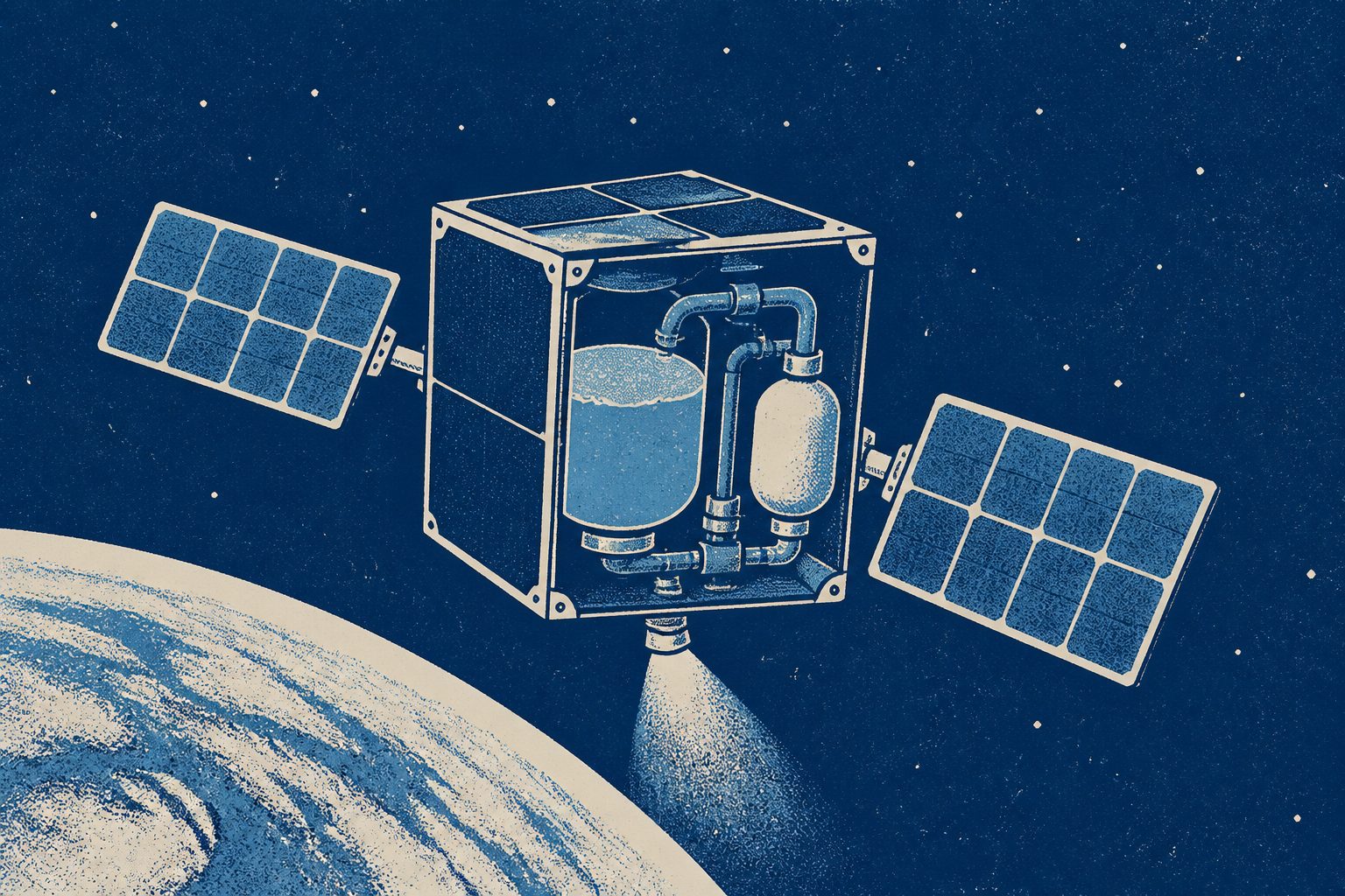 Abstract editorial illustration accompanying the article: A small satellite could make rocket fuel from water for precise manoeuvres