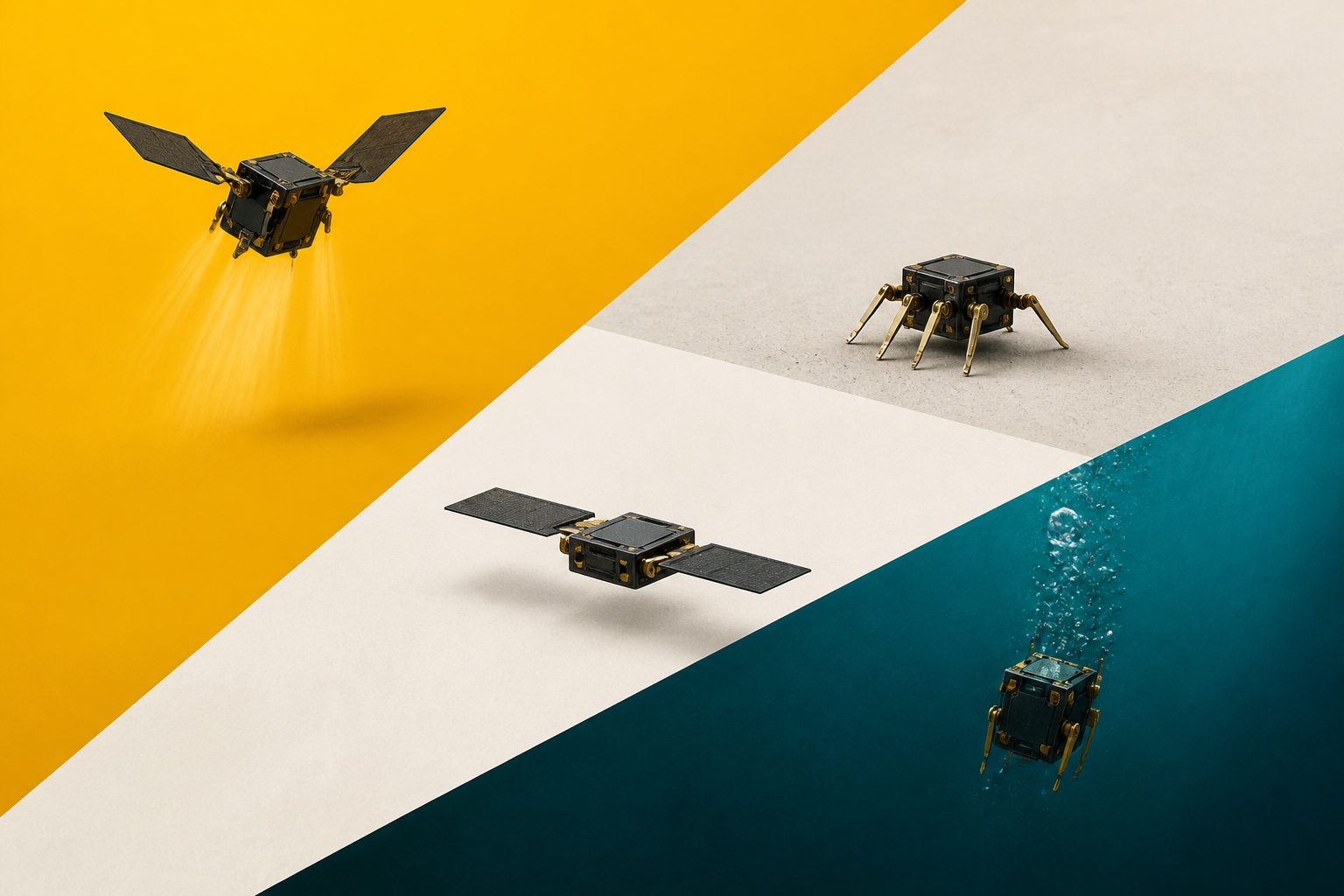 Abstract editorial illustration accompanying the article: A 140-milligram robot can take off, crawl, glide and sink on command