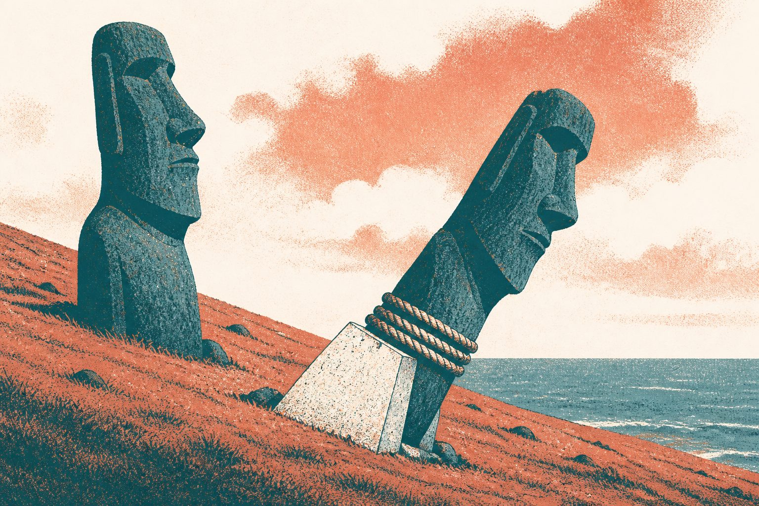 Abstract editorial illustration accompanying the article: Why some restored Rapa Nui statues may be more prone to toppling