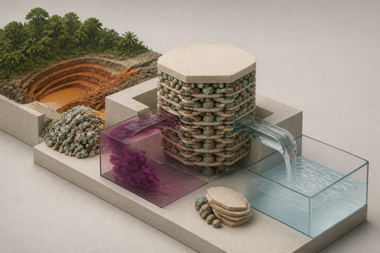 Abstract editorial illustration accompanying the article: Amazon copper-mining waste made into a material that removes dye from water