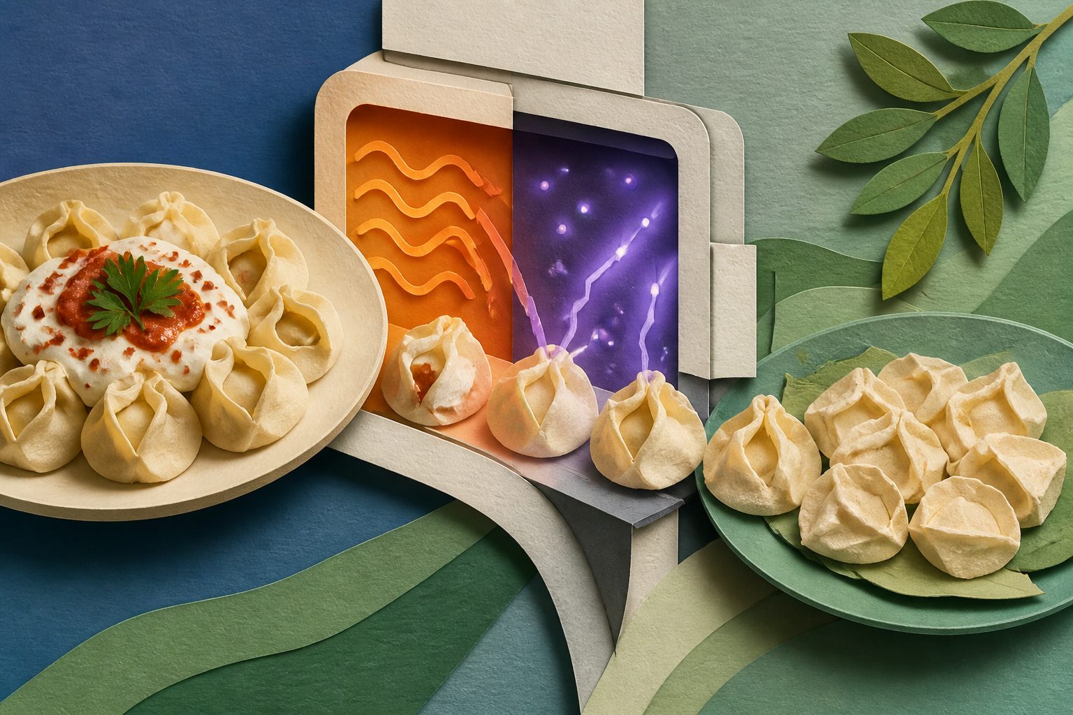 Abstract editorial illustration accompanying the article: A microwave-and-plasma process kept Turkish mantı in good condition for 30 days