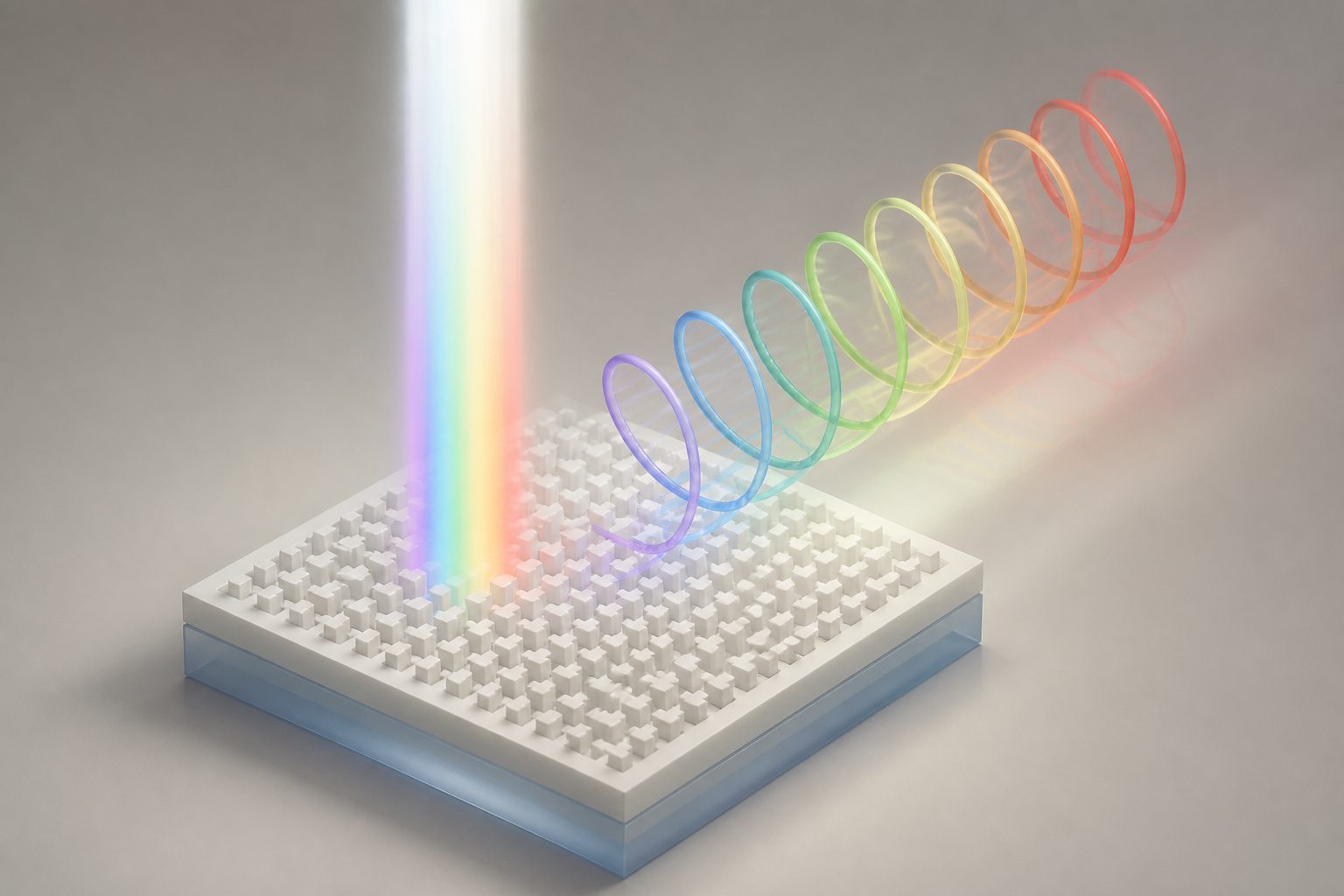 Abstract editorial illustration accompanying the article: New white-light materials keep circular polarization across visible colors