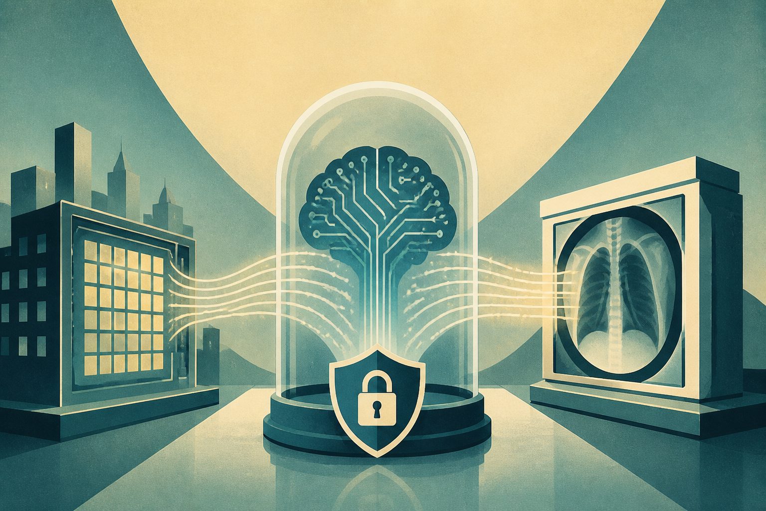 Abstract editorial illustration accompanying the article: A privacy-protecting AI kept accuracy on grid and medical image tests