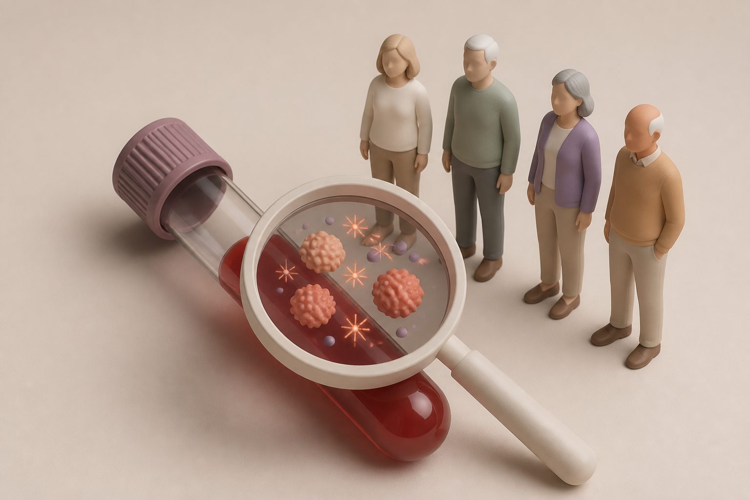 Abstract editorial illustration accompanying the article: Trial reports how a blood test detected cancer signals in adults aged 50 and older
