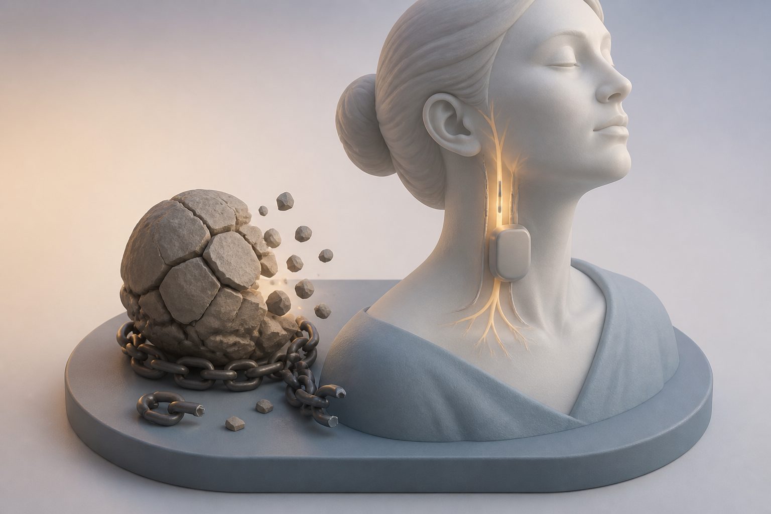 Abstract editorial illustration accompanying the article: Vagus-nerve stimulation may reduce pain and fatigue in rheumatic diseases