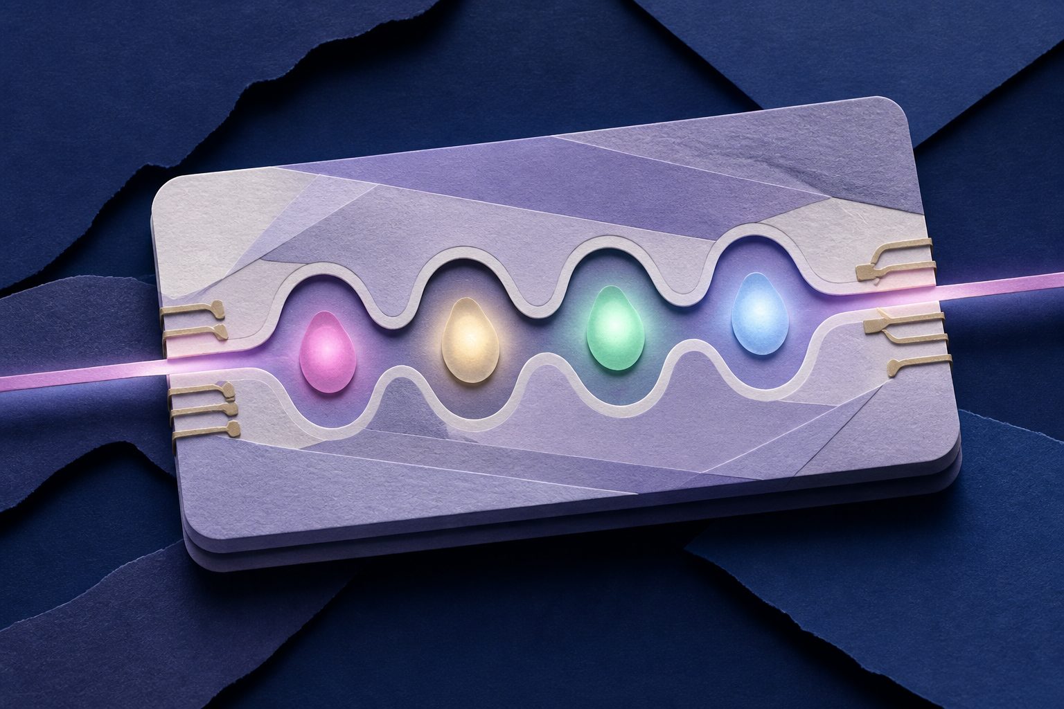 Abstract editorial illustration accompanying the article: A lithium-niobate chip stores quantum signals in four time slots