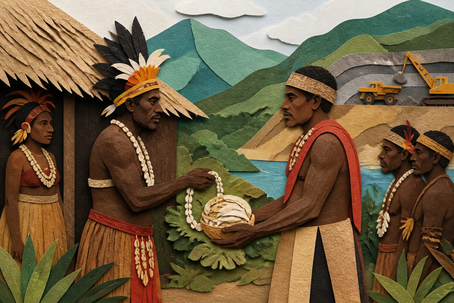 Abstract editorial illustration accompanying the article: Clan leaders in Papua New Guinea settle bridewealth debts as resource hopes grow